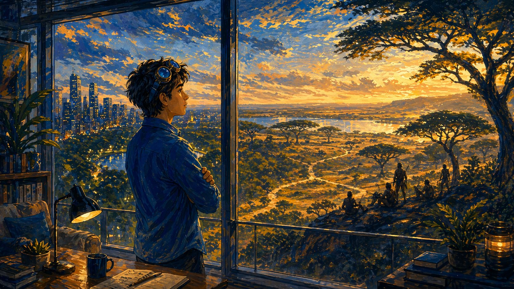 A city apartment window opening onto a park view that blends into an ancestral savanna landscape