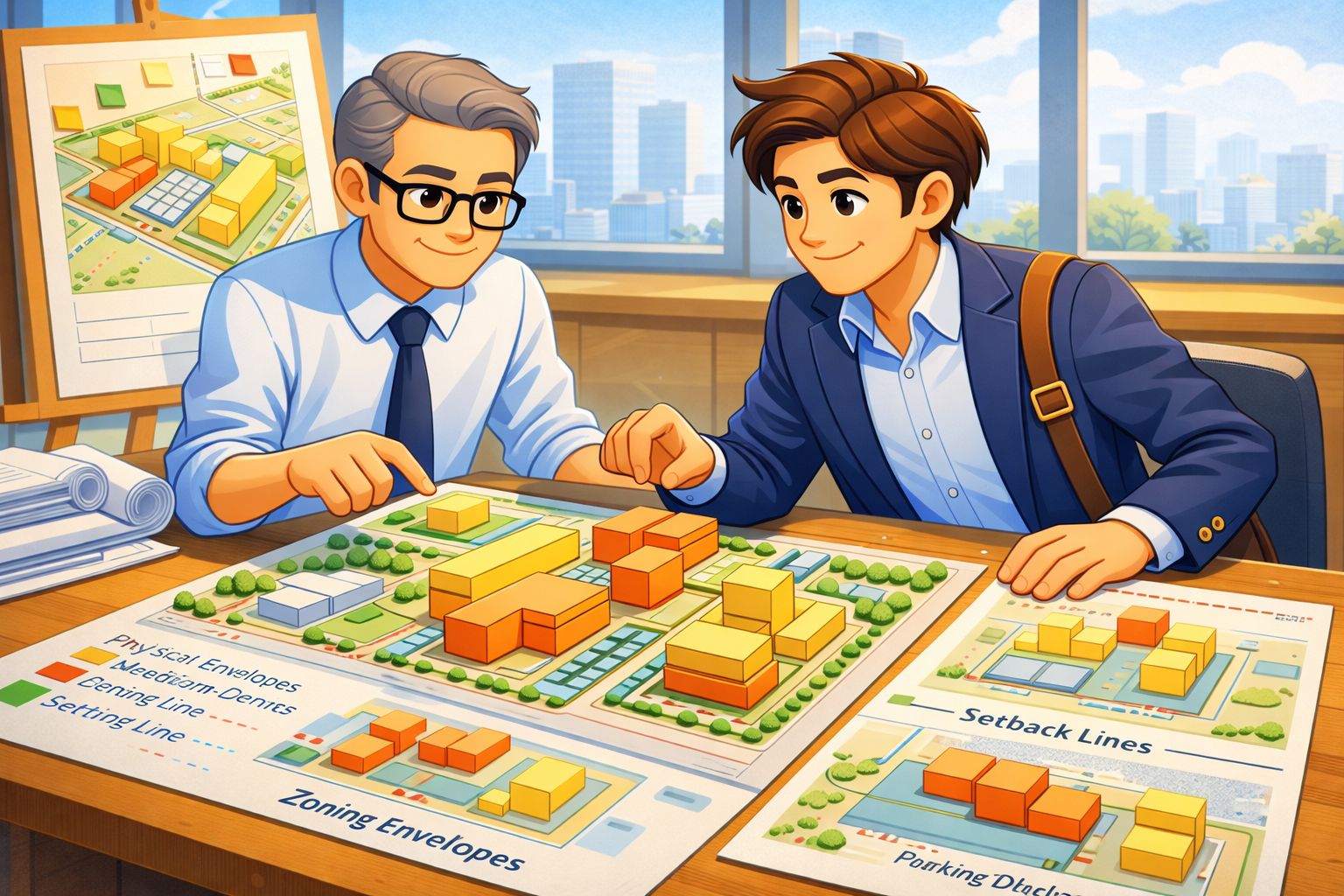 Architect and developer reviewing an early feasibility model for a mixed-use urban site