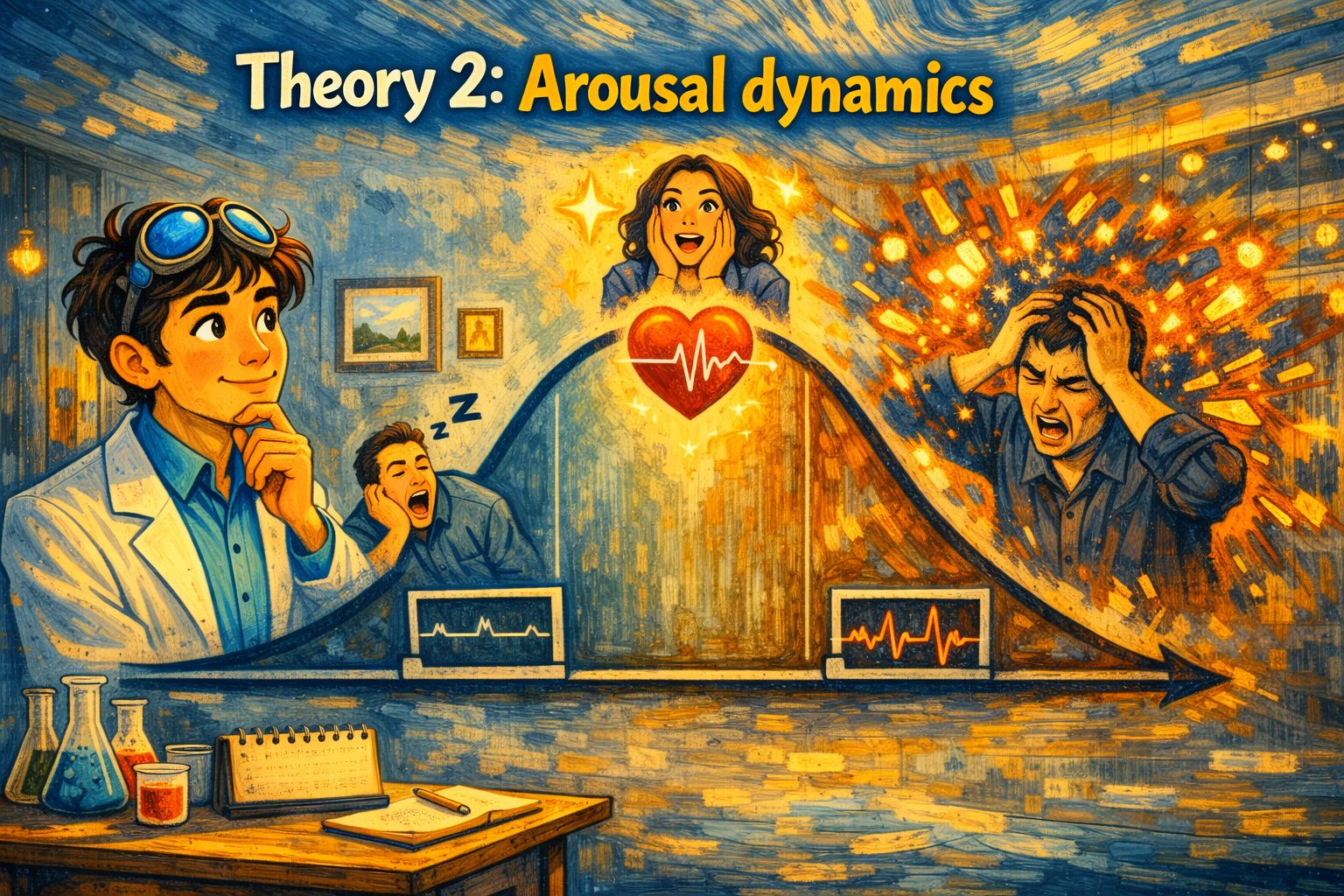 Illustration of arousal dynamics showing the inverted-U curve from boredom through peak pleasure to overwhelm