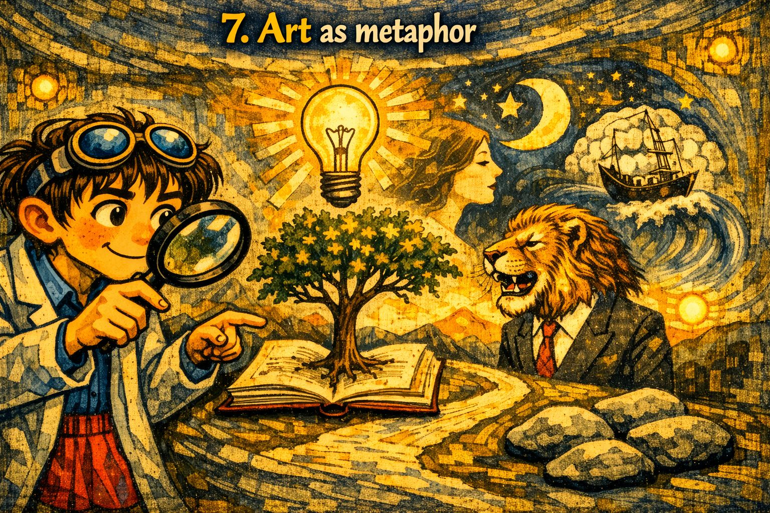 Illustration of art as metaphor showing the brain discovering hidden similarities between dissimilar things — a lion in a suit, a ship in the moon, a tree growing from a book