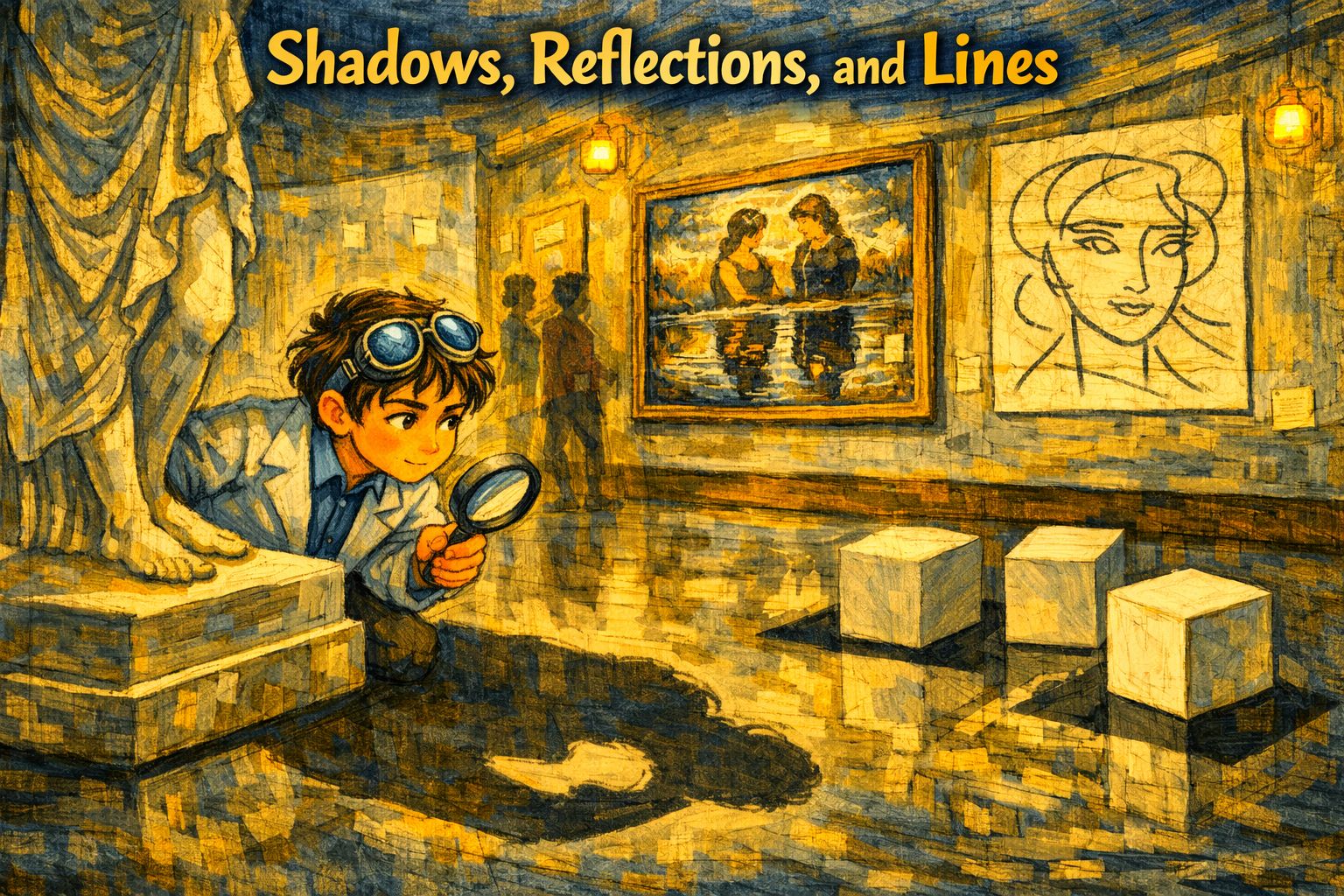 Illustration of how artists exploit shadows, reflections, and lines — errors in art that viewers never notice because the brain only checks a subset of physical constraints