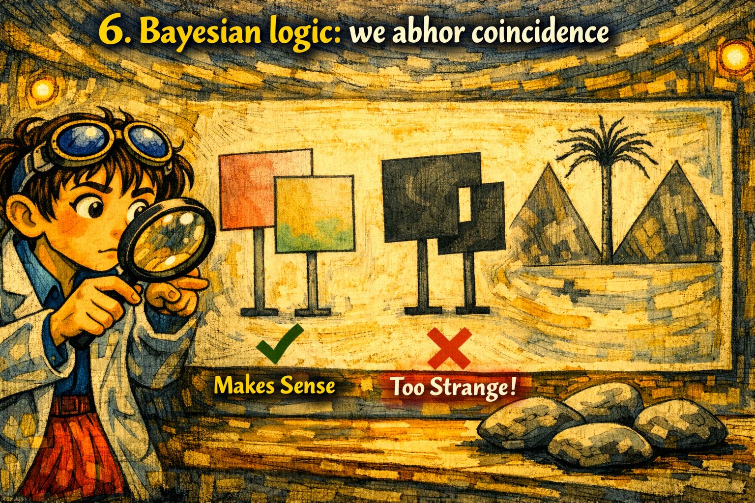 Illustration of Bayesian visual logic comparing generic viewpoints that make sense versus coincidental alignments the brain rejects as too unlikely