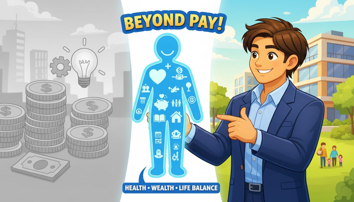 A person happily enjoying their benefits, such as vacation time and health insurance, with a relaxed posture and a smile, editorial illustration style, muted earth tones with soft green accents