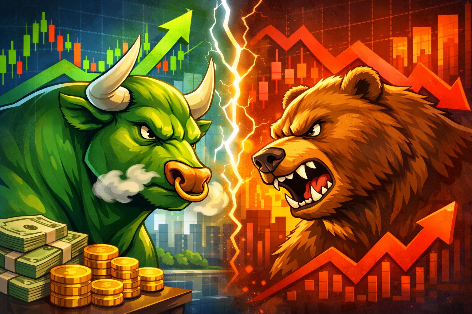 Bull and bear statues in front of a stock exchange, symbolizing market trends, in a modern city setting, minimal style, soft neutral lighting, approachable and educational mood