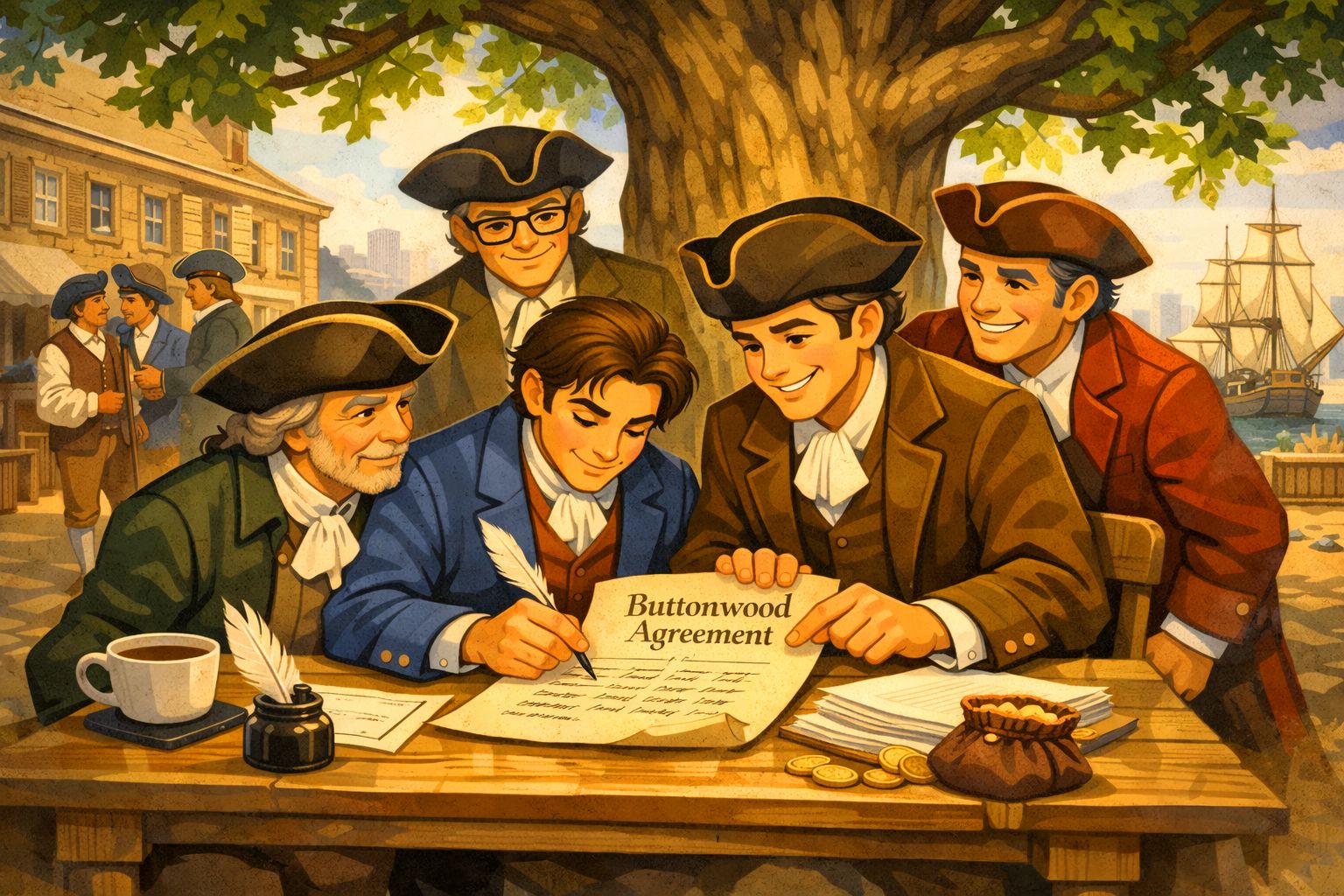 Historical illustration of brokers signing the Buttonwood Agreement under a tree on Wall Street, with a vintage, sepia-toned style.