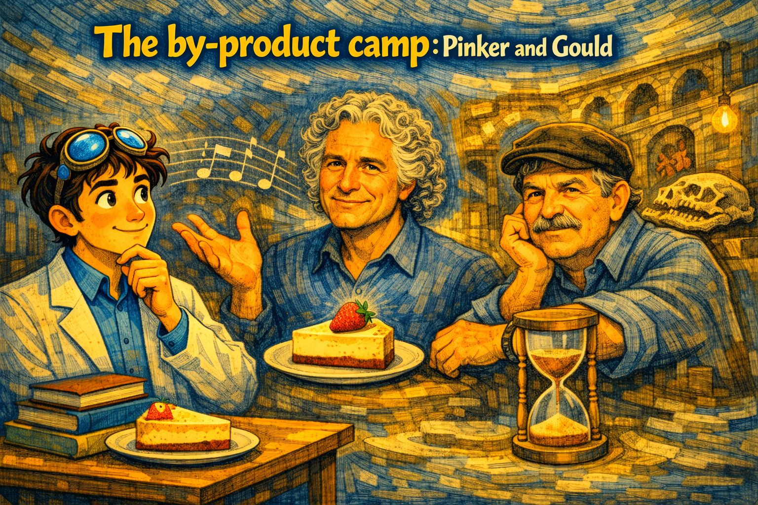 Illustration of the by-product camp featuring Steven Pinker and Stephen Jay Gould with cheesecake, music notes, and an hourglass symbolizing art as a cognitive by-product