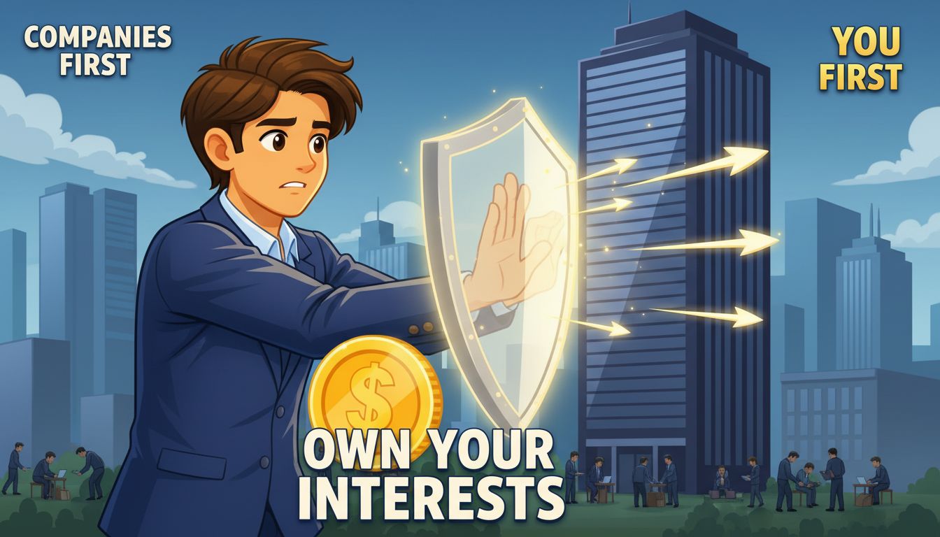 The person holding a shield to protect their career and financial future, with a determined expression
