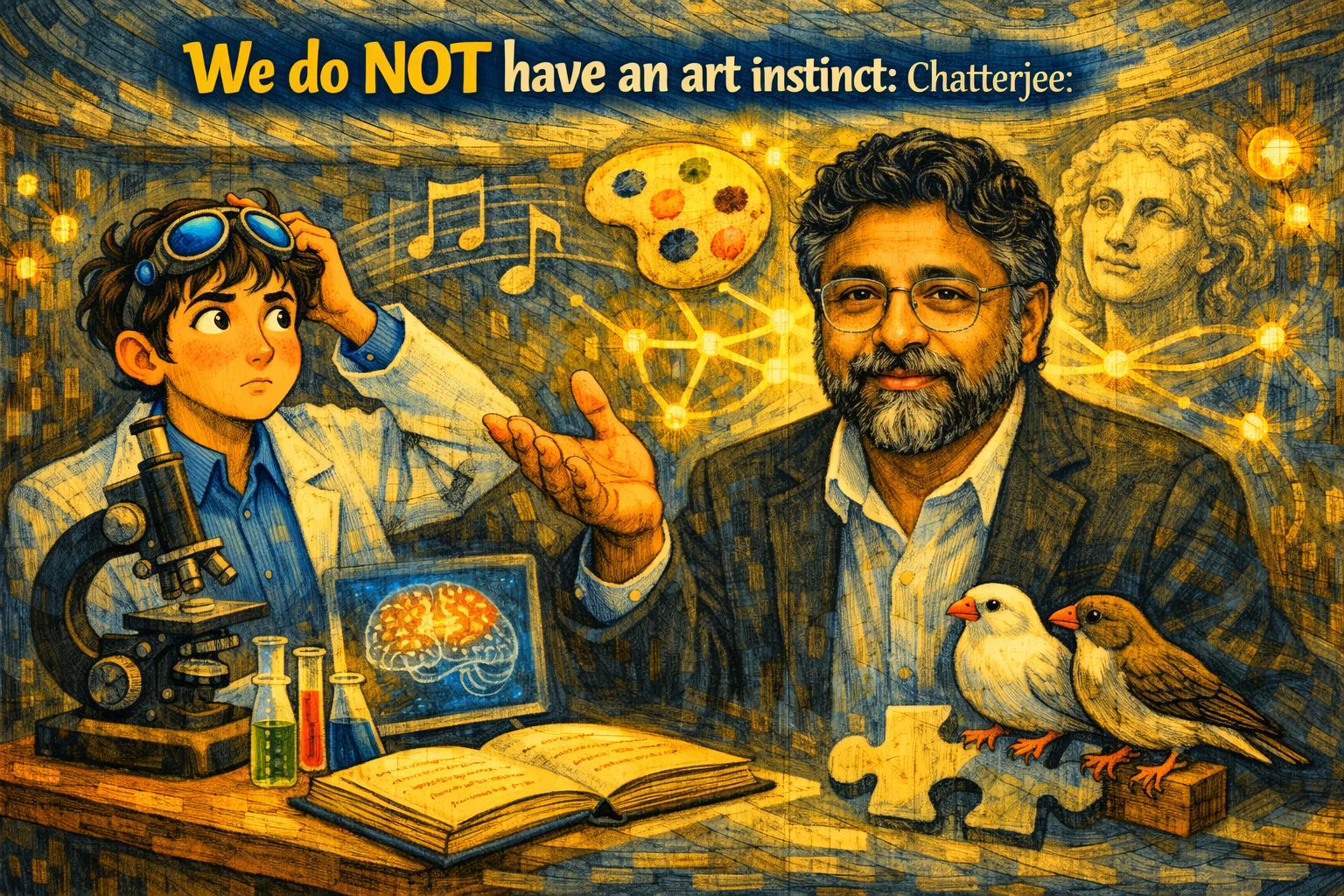 Illustration of Anjan Chatterjee arguing we do not have an art instinct, with a brain scan, Bengalese finch, and puzzle piece symbolizing art as a chimera of adaptations