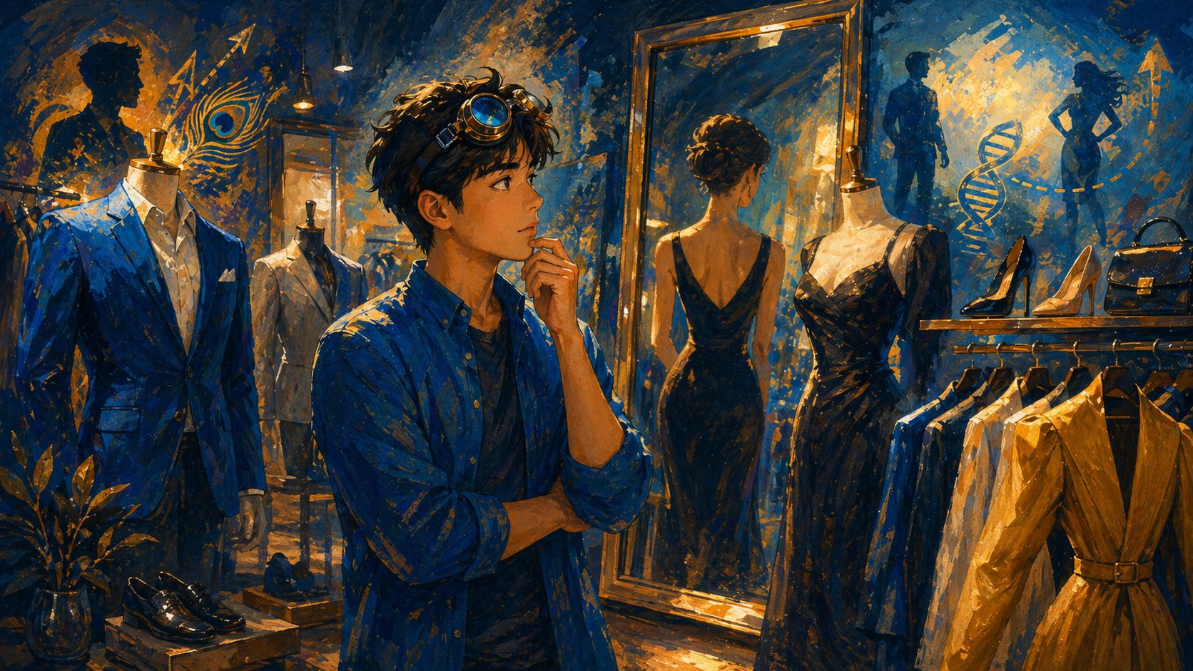 A boutique dressing room where clothes quietly signal status, posture, and evolved preferences