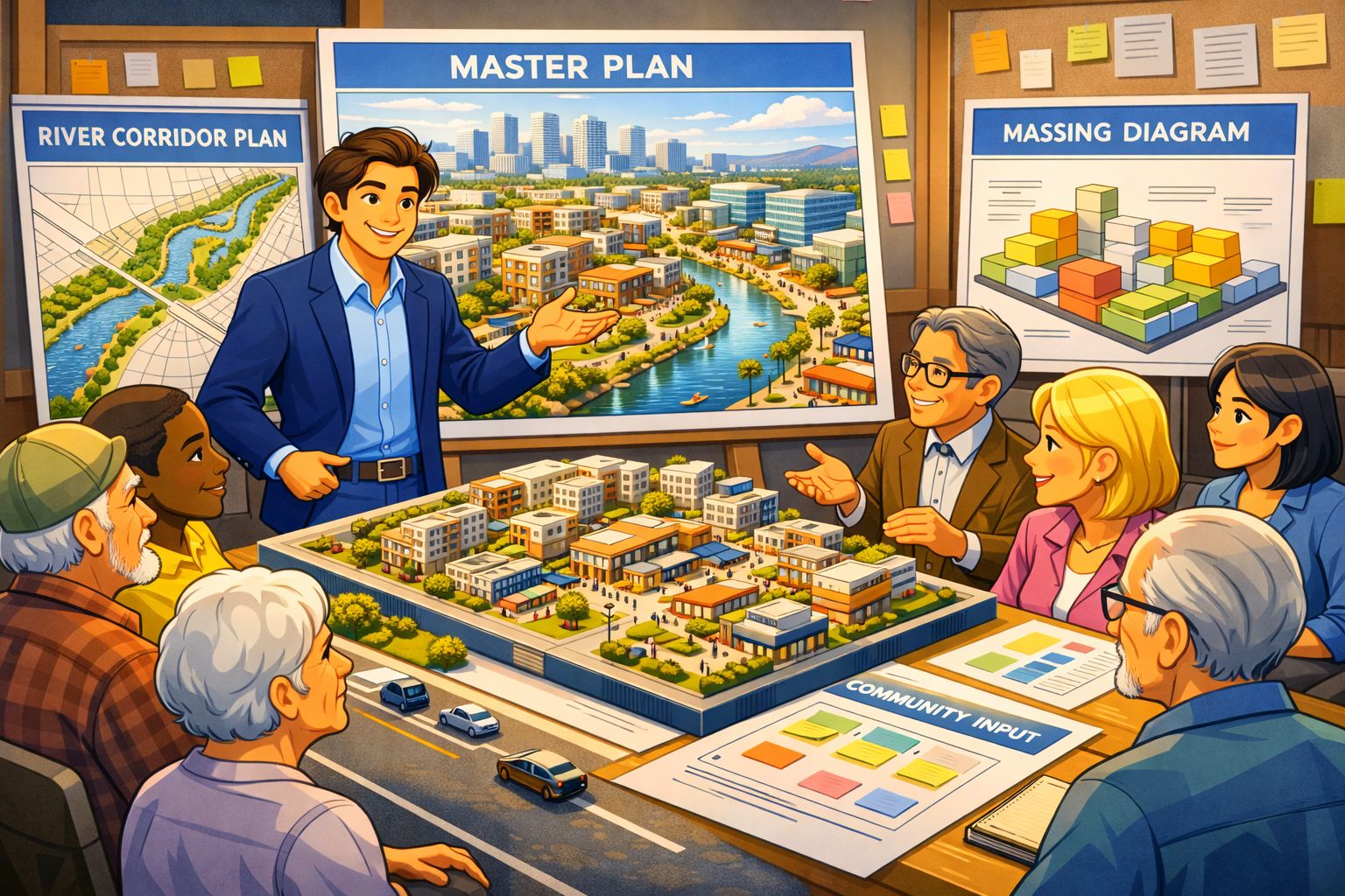 Community workshop, with developer presenting master plan diagrams and neighbors engaging in discussion