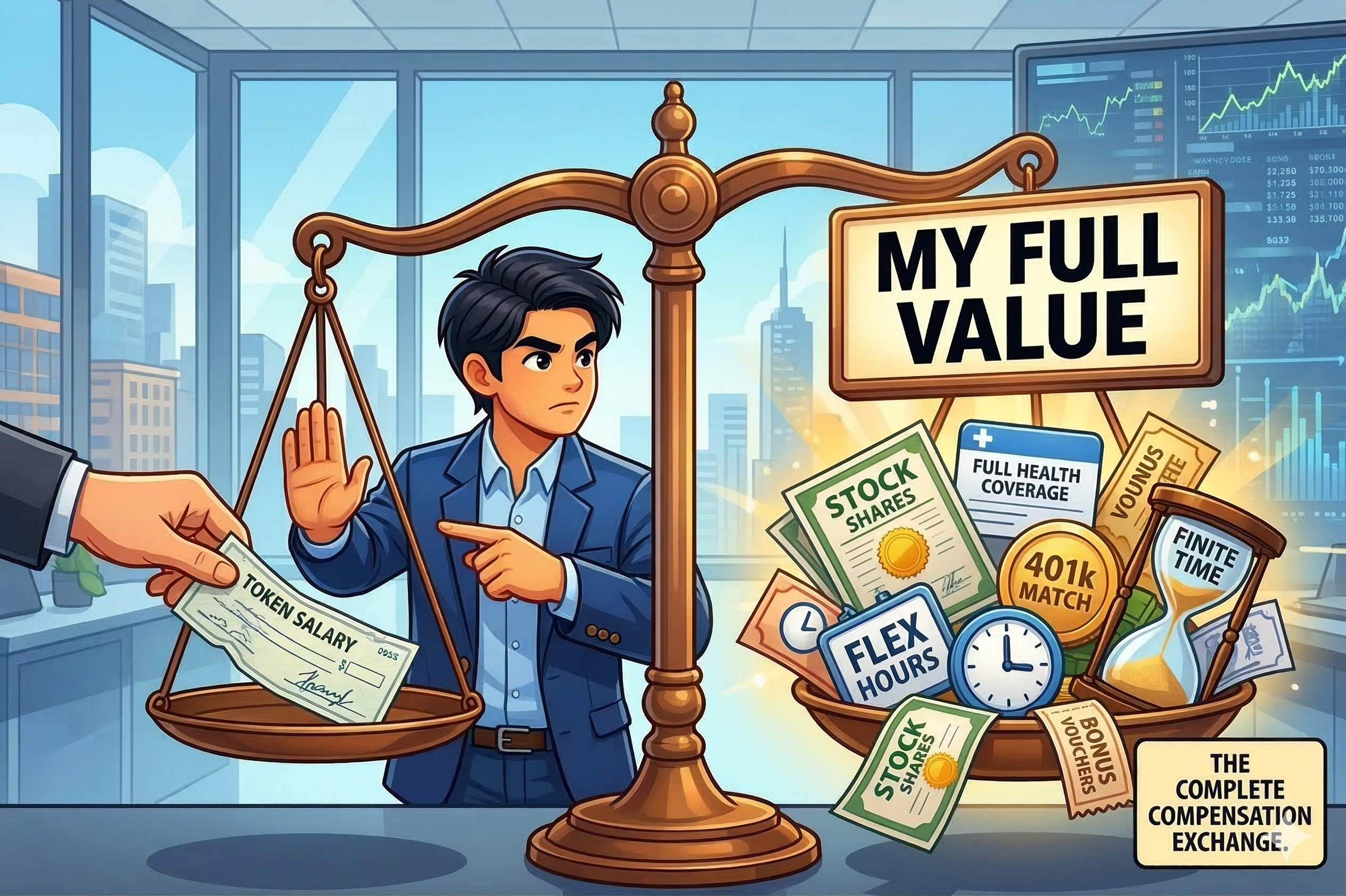 A person with the action that they are working hard and being compensated fairly, with a balanced scale representing the exchange of time and skills for salary, editorial illustration style, muted earth tones with soft green accents