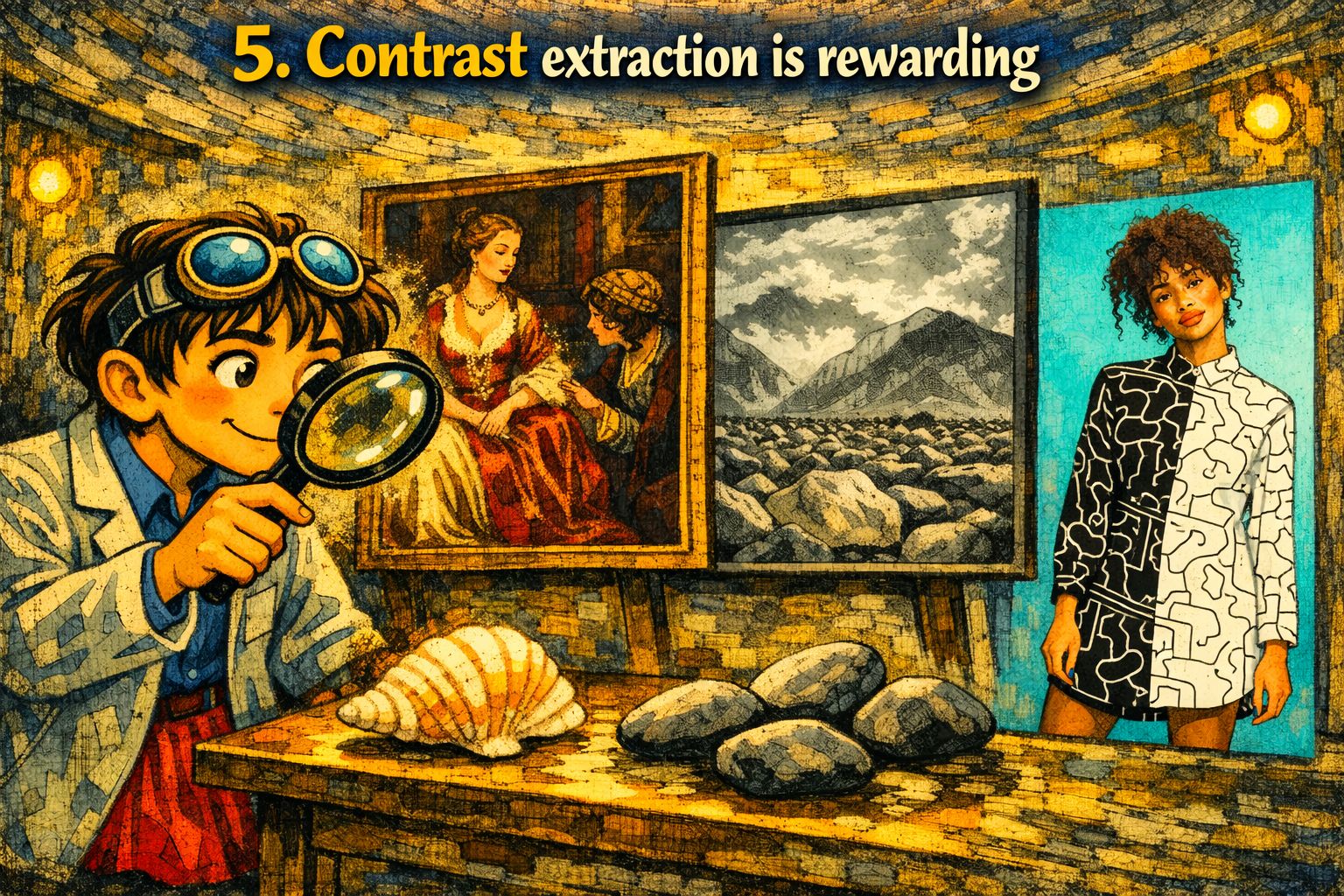 Illustration of contrast extraction as a visual reward, showing high-contrast pairings between smooth and ornate textures that the brain finds inherently rewarding