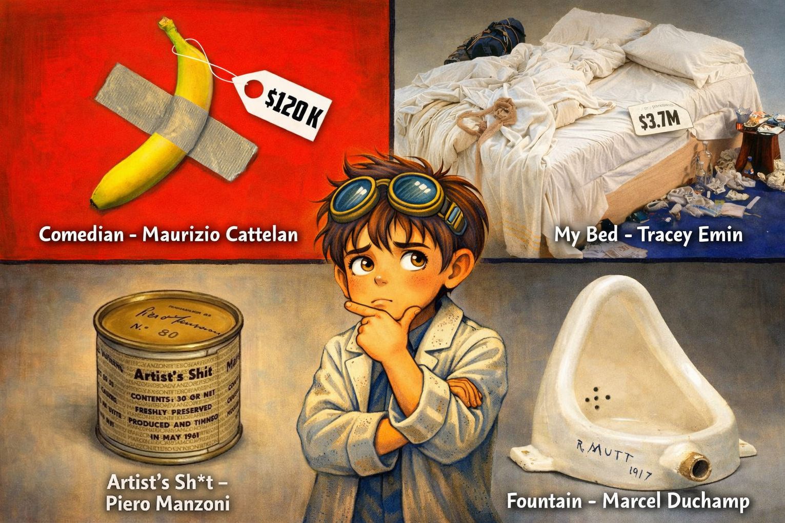 Controversial artworks that broke every definition of art — Cattelan's duct-taped banana, Emin's unmade bed, Manzoni's canned feces, and Duchamp's signed urinal