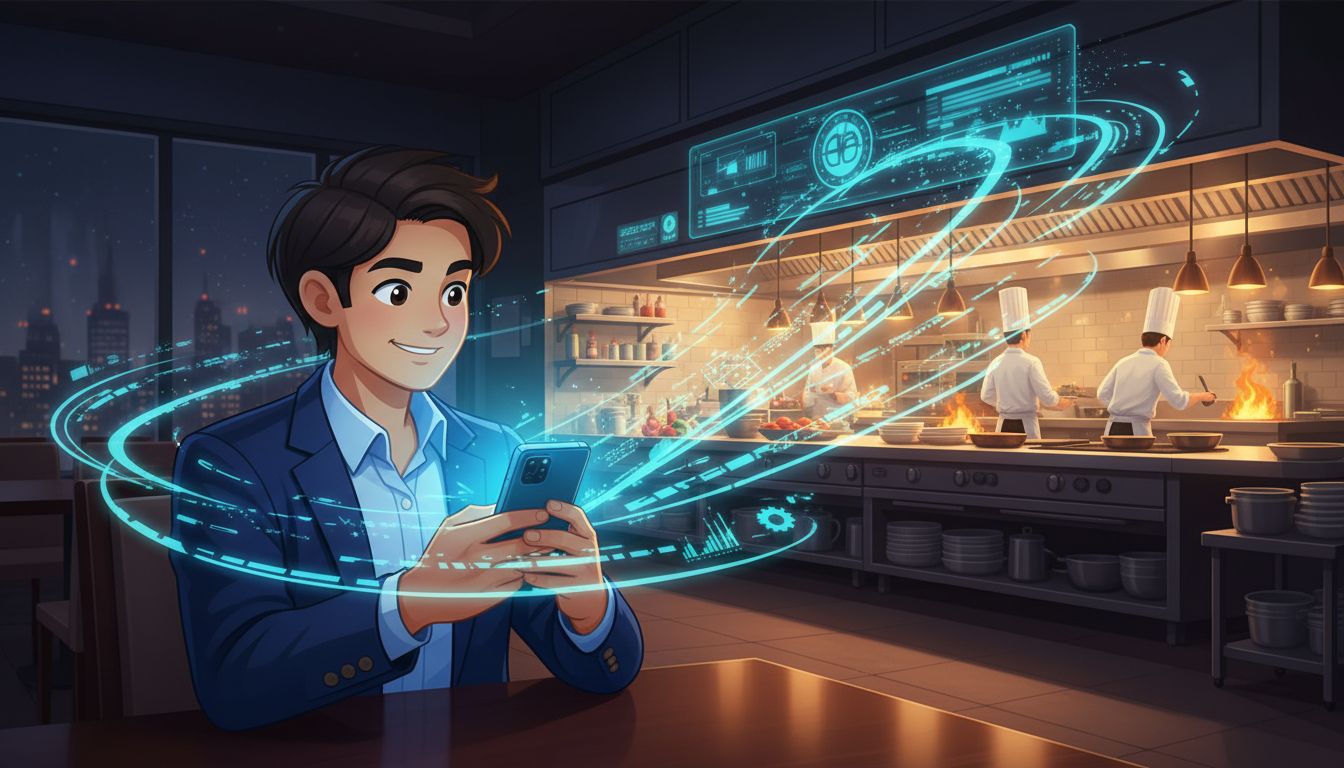 A person sitting at a restaurant table looking at their phone, with invisible data flowing between the phone and a kitchen in the background