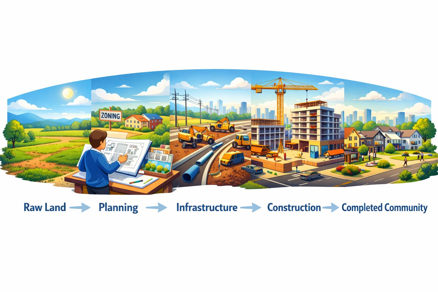 Cinematic editorial illustration of a long real estate development timeline shown as evolving phases from raw land to planning, infrastructure, vertical construction, and finally a lived-in neighborhood, warm colors and thoughtful visual storytelling