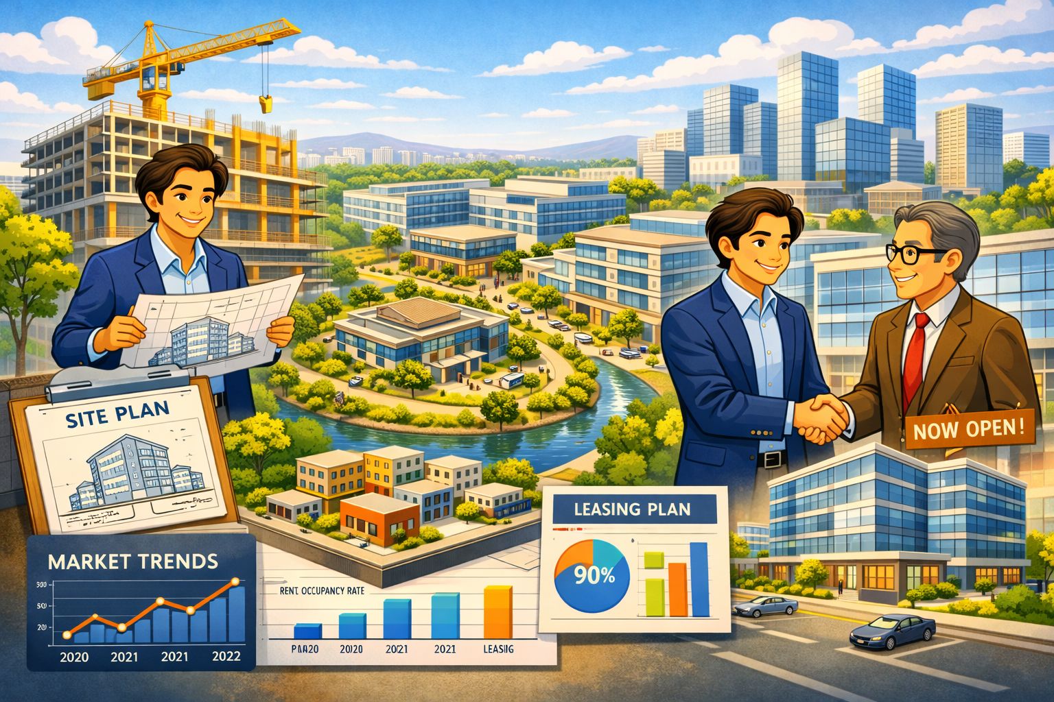 Development types diagram showing land development, homebuilding, and office development as distinct categories with different characteristics and risks