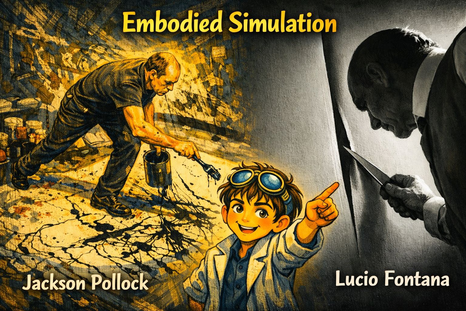 Illustration of embodied simulation showing Jackson Pollock's action painting alongside Fontana's slashed canvas — art that activates your motor system by making you unconsciously simulate the artist's gestures
