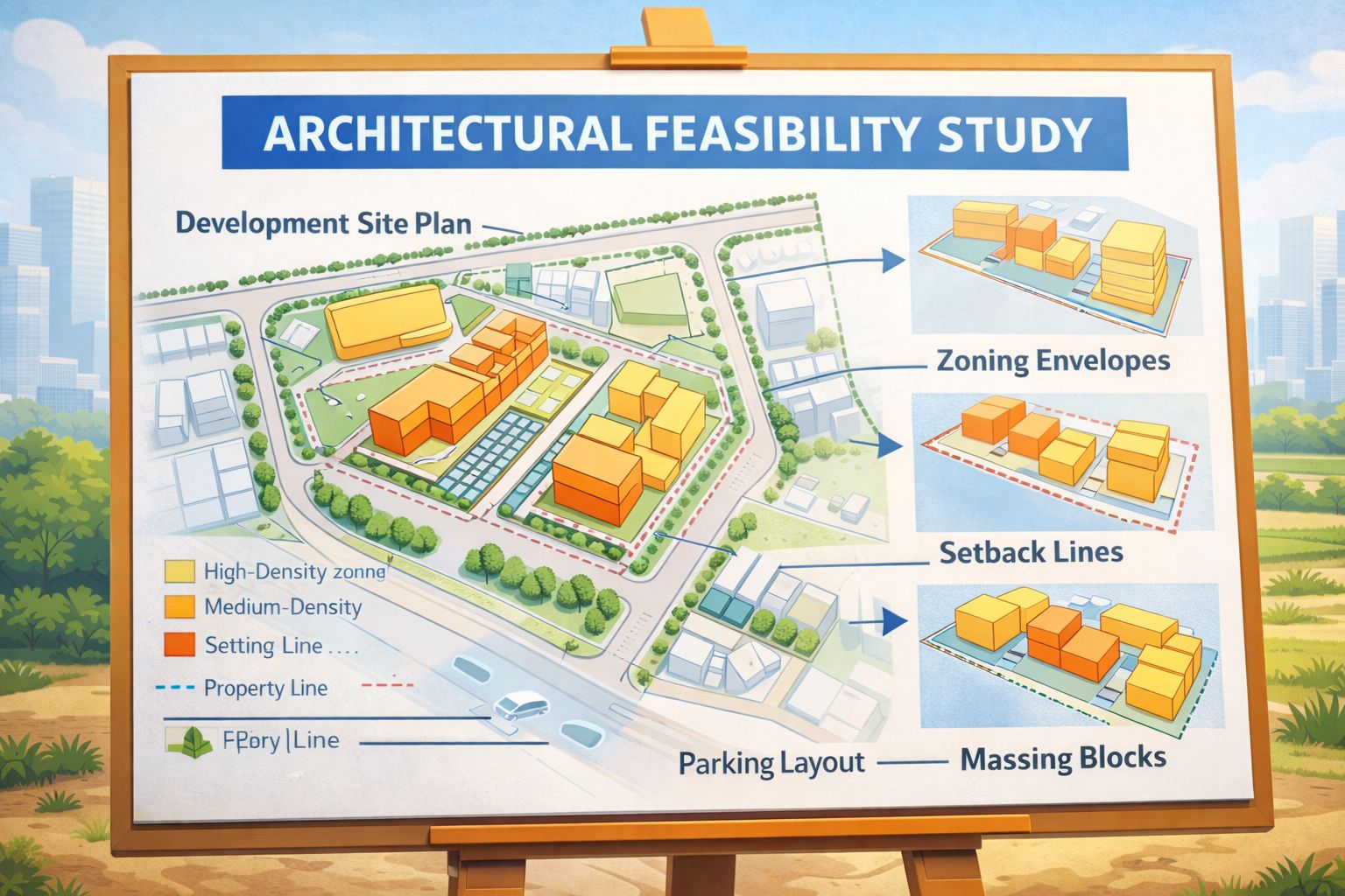 Architectural feasibility study board showing a development site plan, zoning envelopes, setback lines, parking layout, and massing blocks, clean modern planning visualization