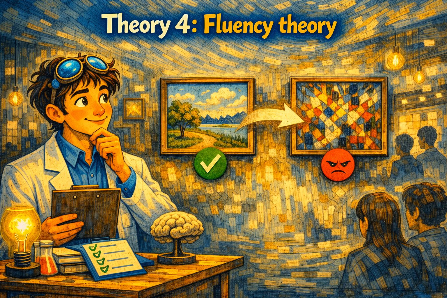 Illustration of fluency theory showing the brain preferring a simple landscape over a complex abstract painting