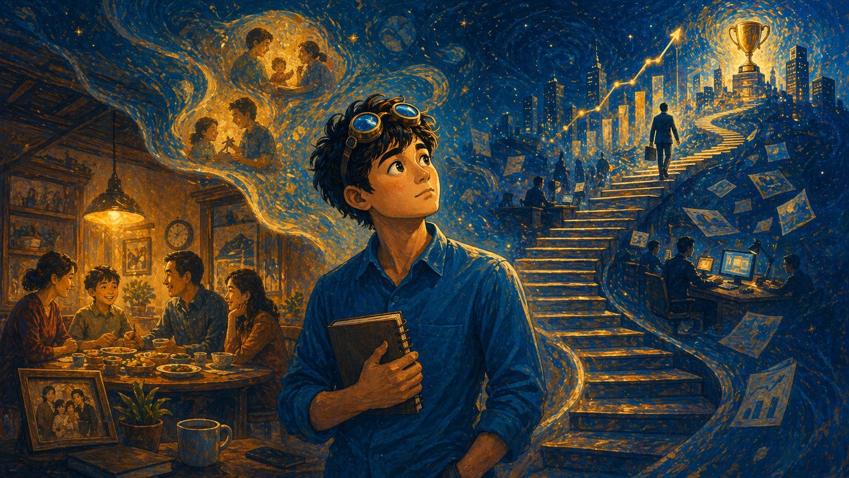 A young man caught between a warm family room and the upward pull of ambition