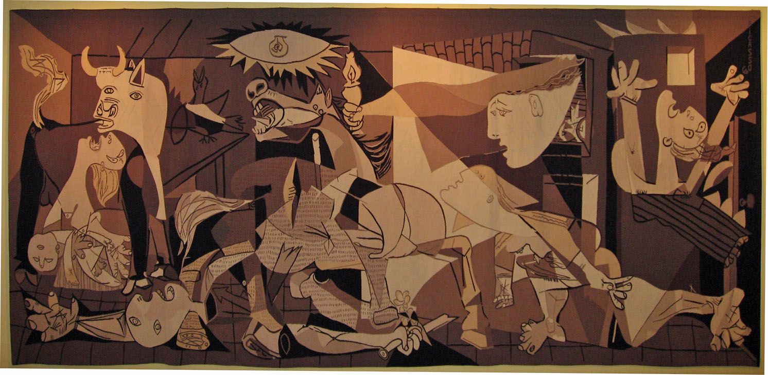 Picasso's Guernica mural — a masterclass in visual metaphor where a wounded horse stands for innocent civilian suffering, a bull for brute violence, and the stark black-and-white palette itself becomes a metaphor for mourning