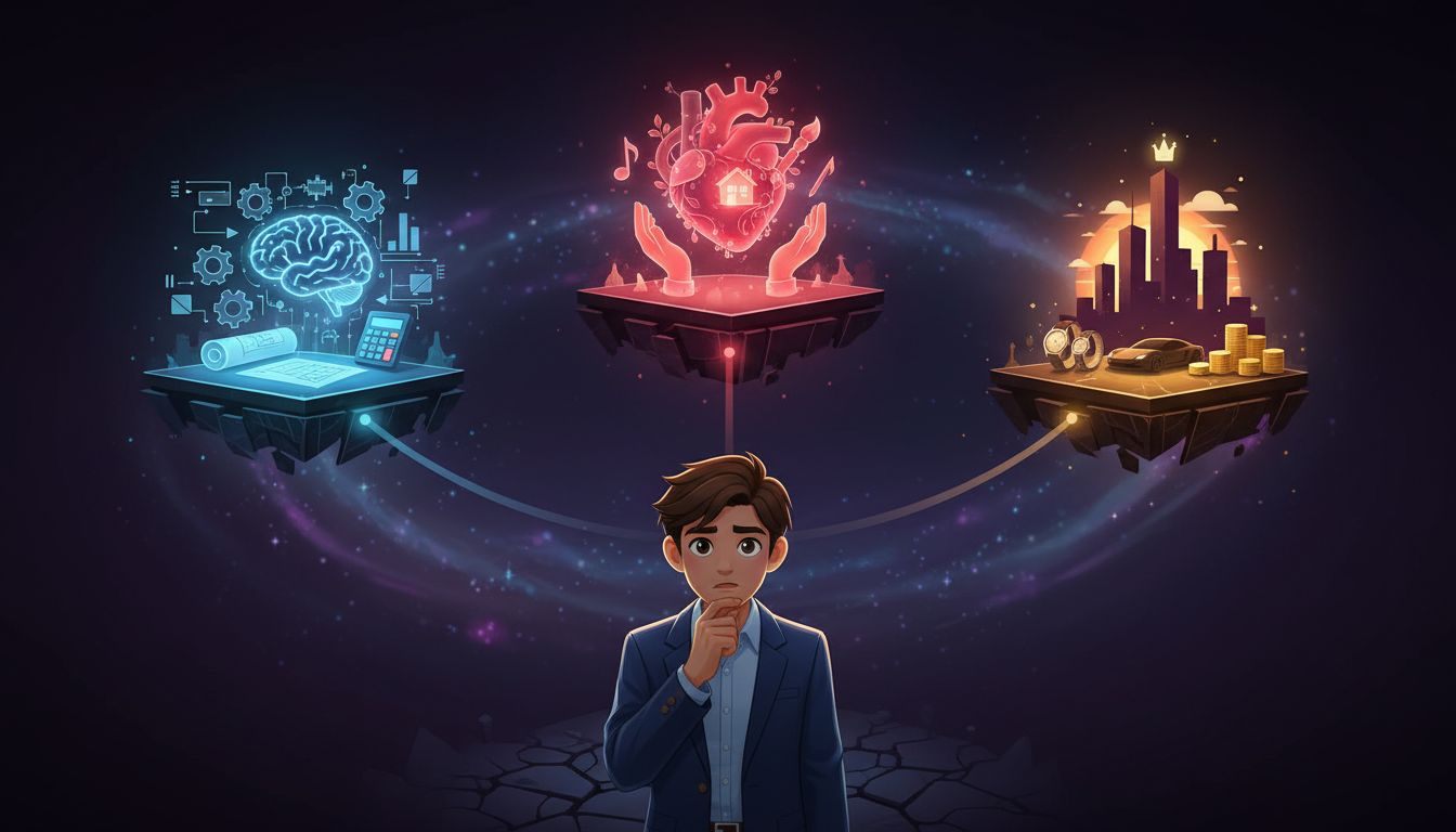 An editorial illustration showing three people representing head, heart, and gut motivations, with thought bubbles indicating logic, emotion, and status respectively, clean modern style