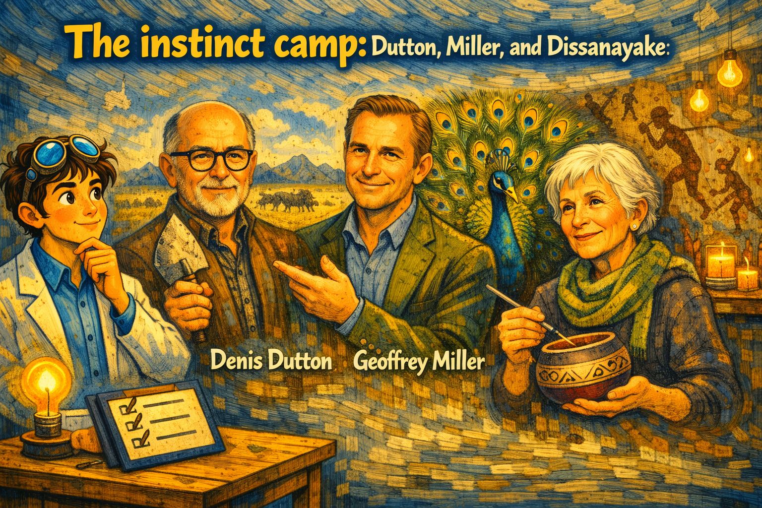 Illustration of the instinct camp featuring Denis Dutton, Geoffrey Miller, and Ellen Dissanayake with a peacock, savanna landscape, and cave art symbolizing art as evolved adaptation