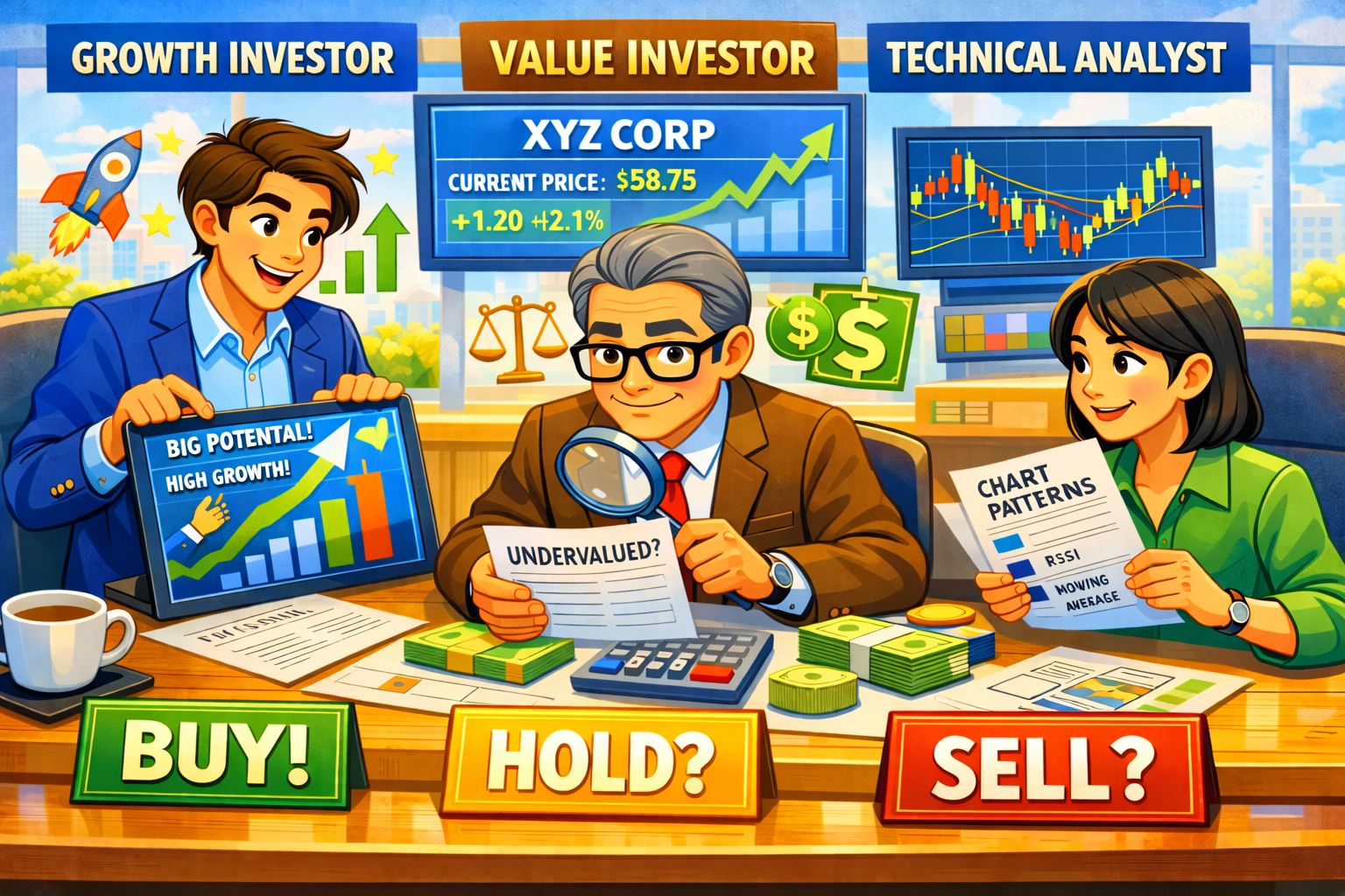 Illustration of different investor styles looking at the same stock and coming to different conclusions