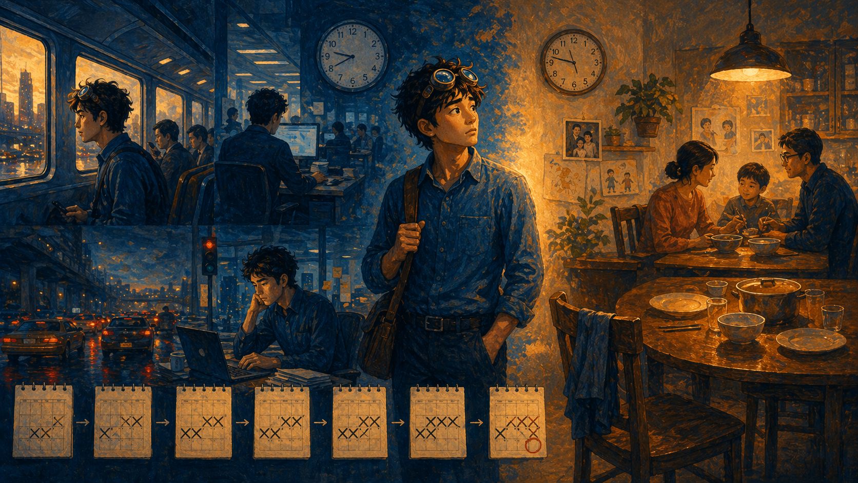 Commutes, work, and repeated small delays slowly eroding a warm home life