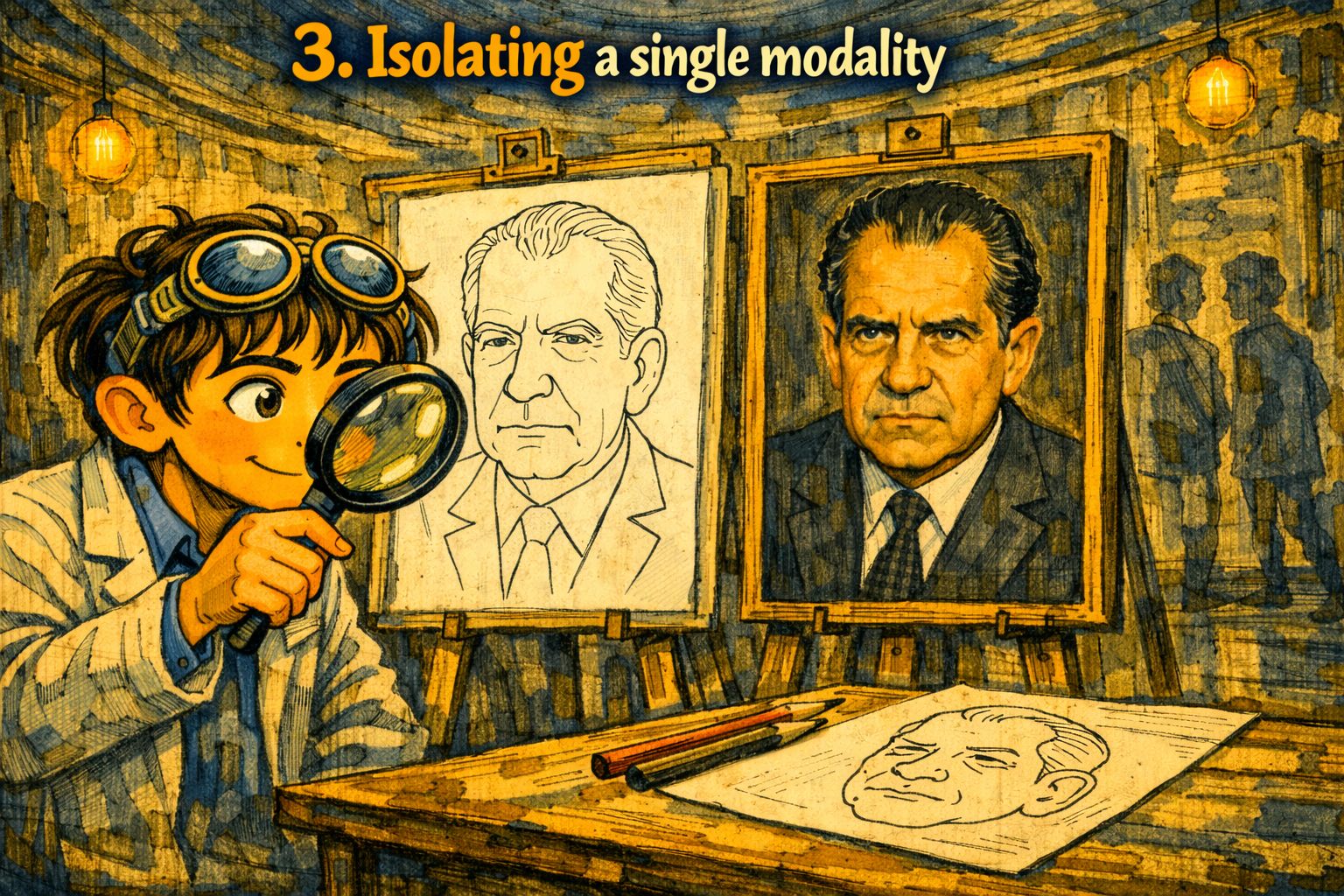 Illustration comparing a Nixon caricature sketch versus a full-color photograph, showing how isolating form makes the essence more recognizable