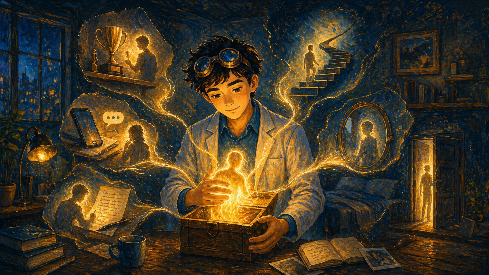 A young man gathering glowing pieces of himself back from trophies, mirrors, and distant rooms