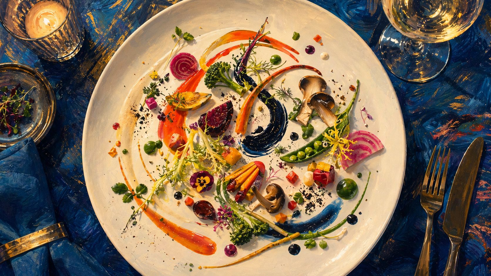 Artfully plated salad arranged like a Kandinsky painting to show how visual beauty changes taste
