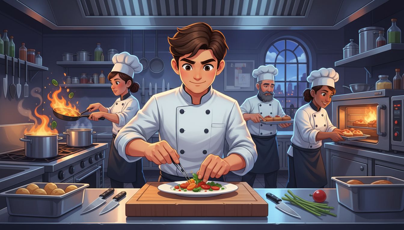 A busy restaurant kitchen with multiple chefs working simultaneously on different dishes, dynamic composition