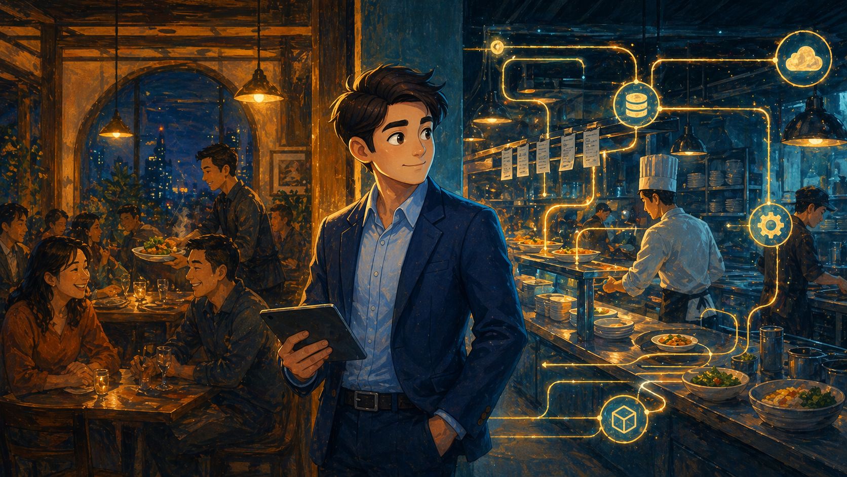 A builder standing between a busy kitchen and happy diners, seeing how hidden systems shape visible user experience