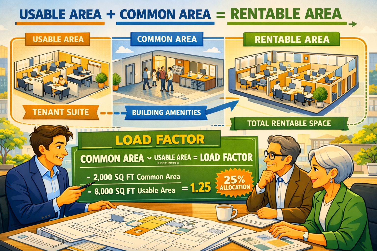 An illustration showing how usable area and common area combine to create rentable area, with a load factor calculation that allocates common space proportionally to tenants, making the rentable area larger than the usable area