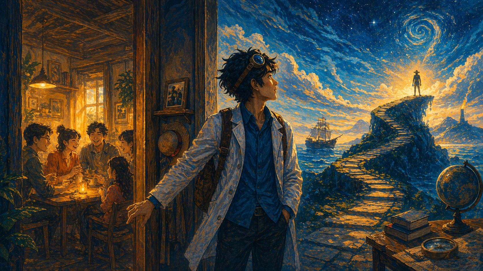 A threshold between adventure and a warm room, visualizing Luffy's definition of love