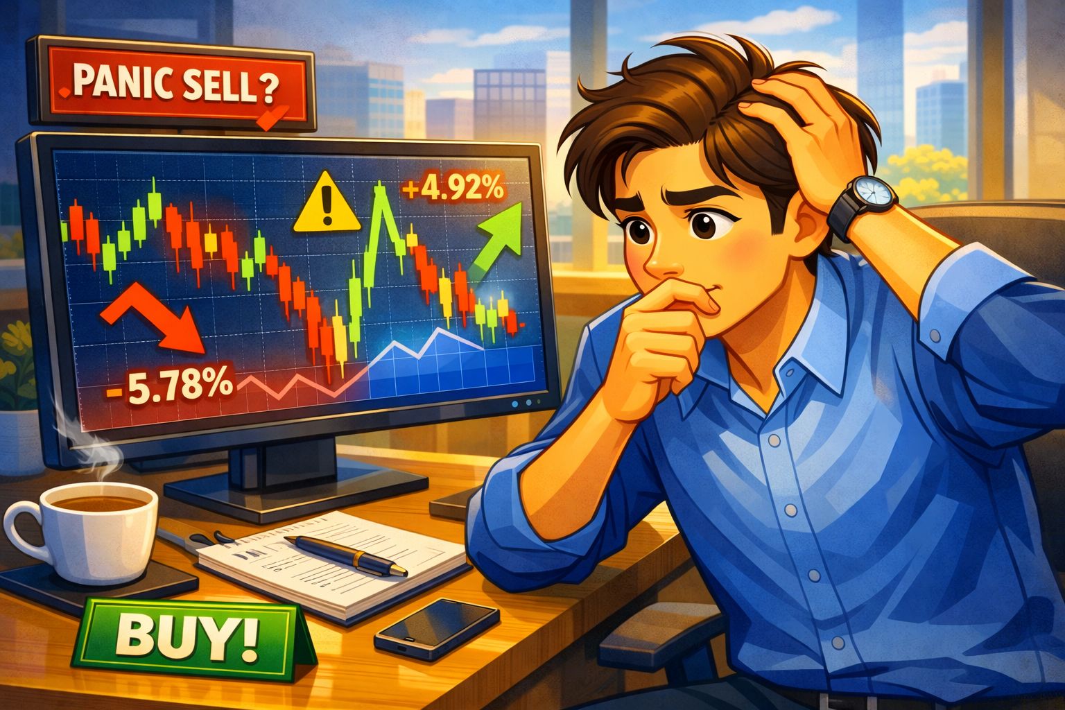 Person watching a highly volatile stock chart with mixed emotions, reflecting anxiety and self-awareness.