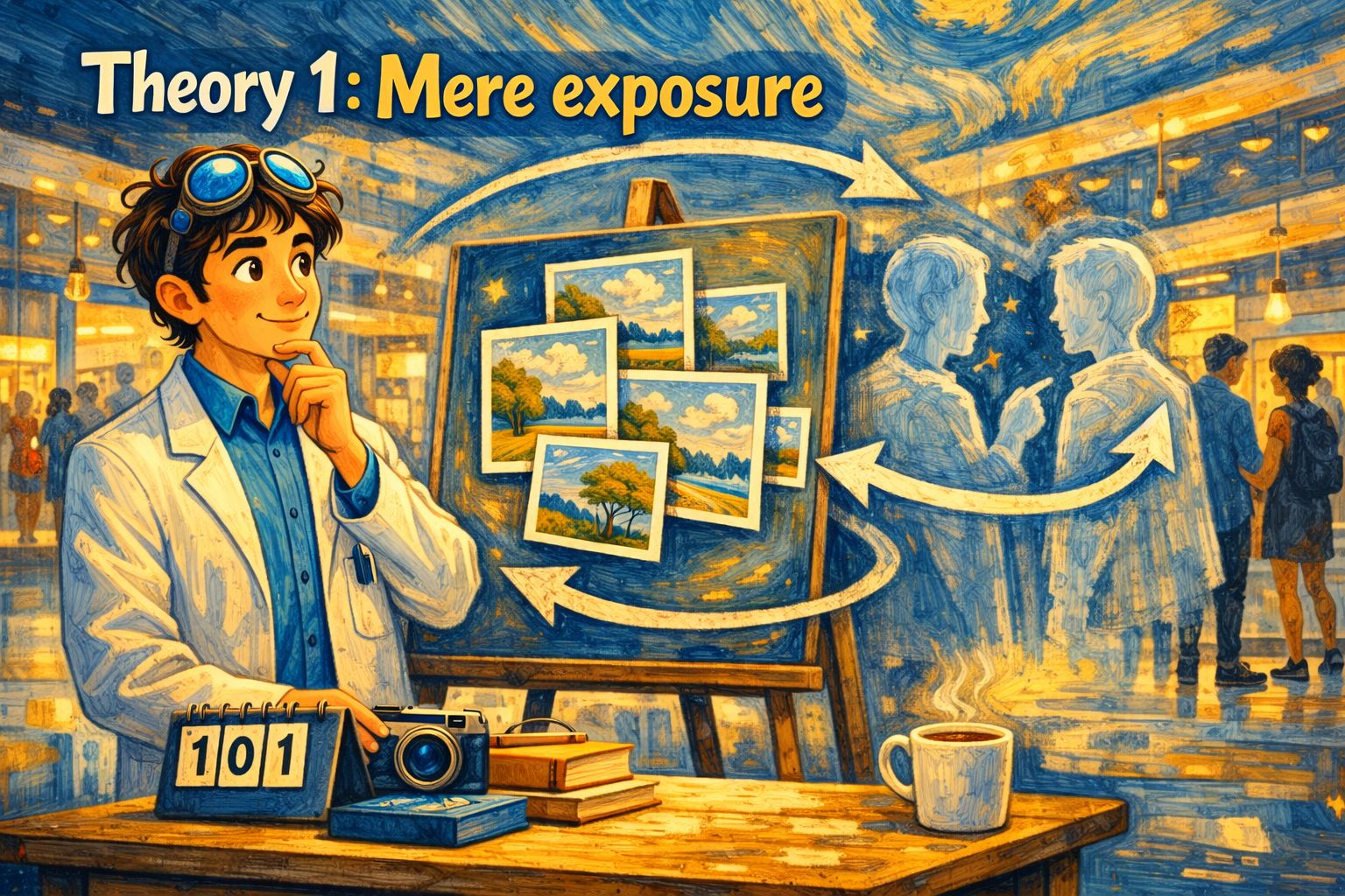 Illustration of the mere exposure effect showing repeated paintings on an easel building familiarity and preference over time