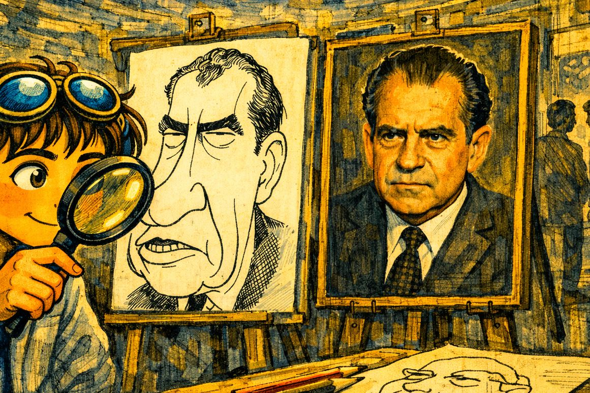 Nixon caricature next to a photograph — the caricature exaggerates his distinctive features and ends up feeling more Nixon-like than the real face