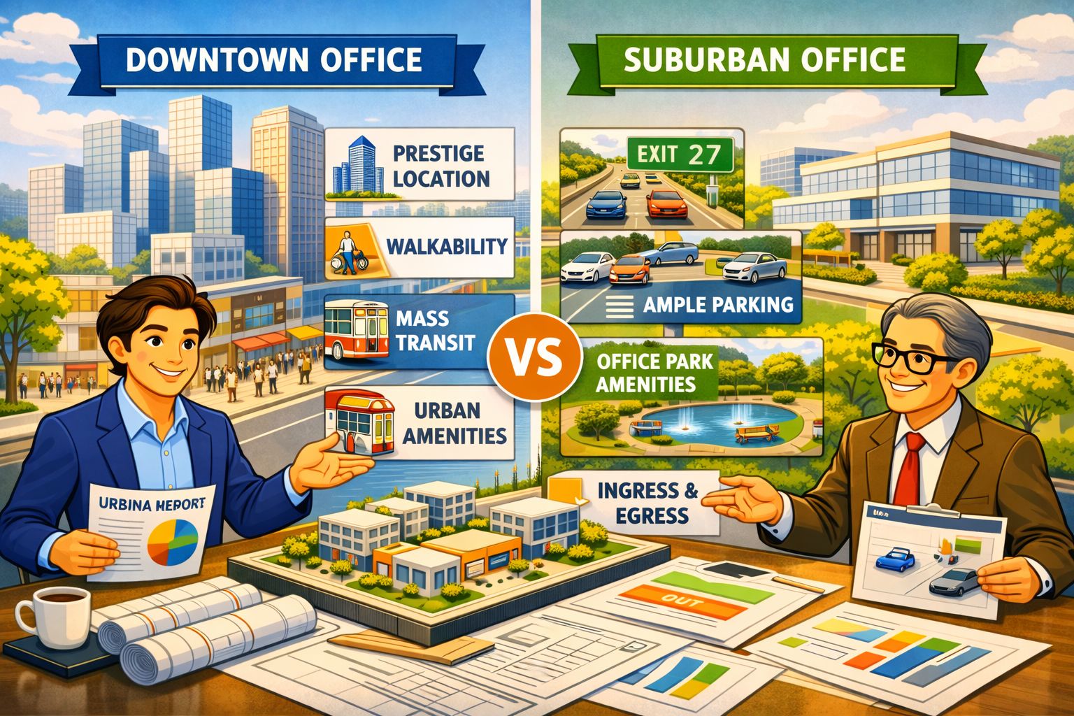 A diagram showing the different location priorities for downtown office (prestige, walkability, mass transit, urban amenities) versus suburban office (freeway access, parking, office park amenities, ingress/egress)