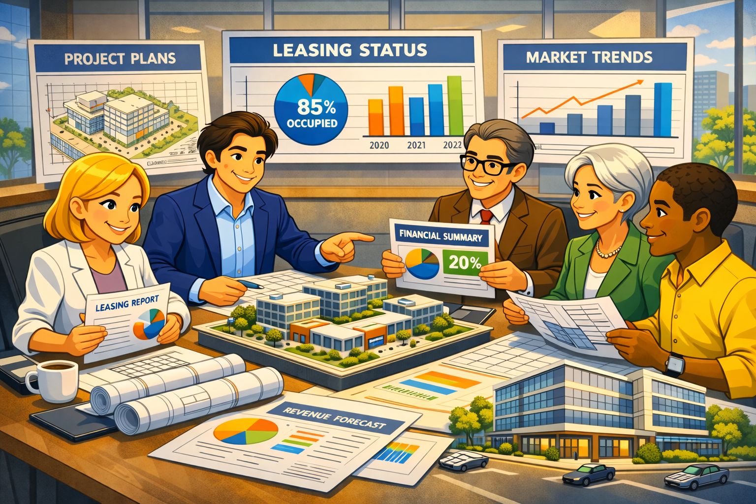 A diagram showing the different roles in an office development team, including project manager, architect, land planner, engineers, market consultants, entitlement team, finance people, construction team, and leasing team, all connected to the central office development process