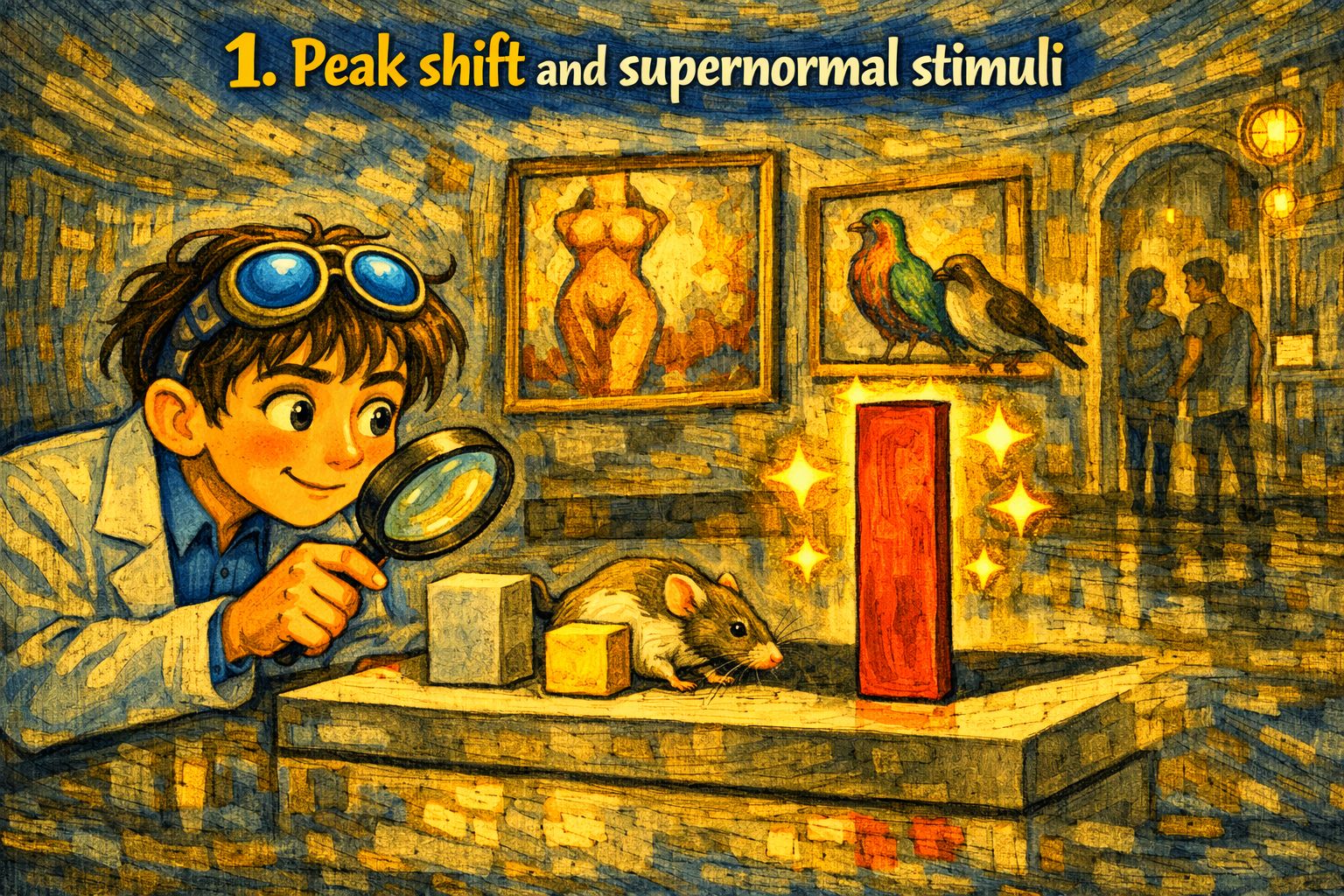 Illustration of the peak shift effect showing a rat preferring an exaggerated rectangle over the trained shape, with supernormal stimuli examples from nature