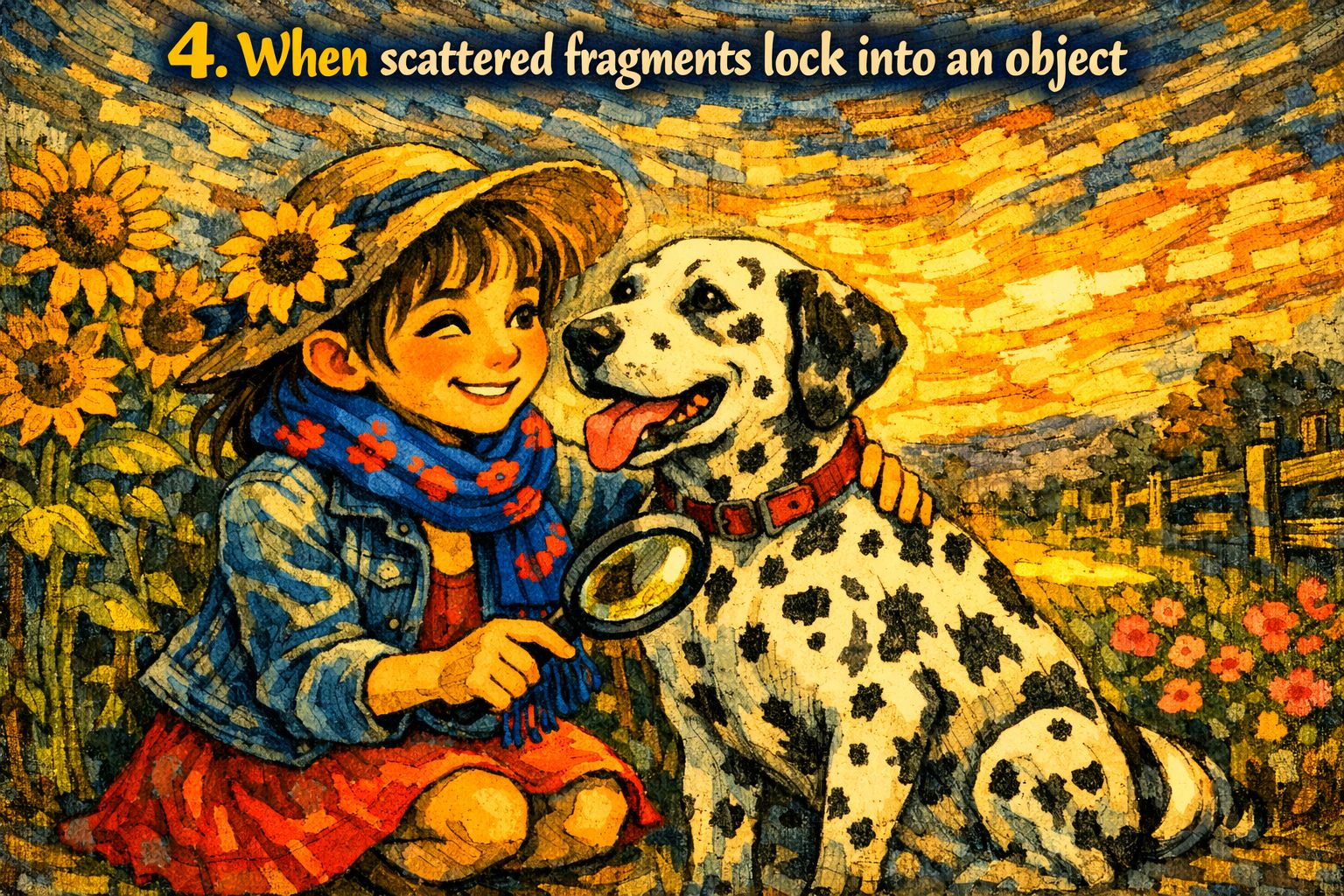 Illustration of perceptual grouping showing a Dalmatian dog emerging from scattered black and white fragments as the brain locks them into a coherent object