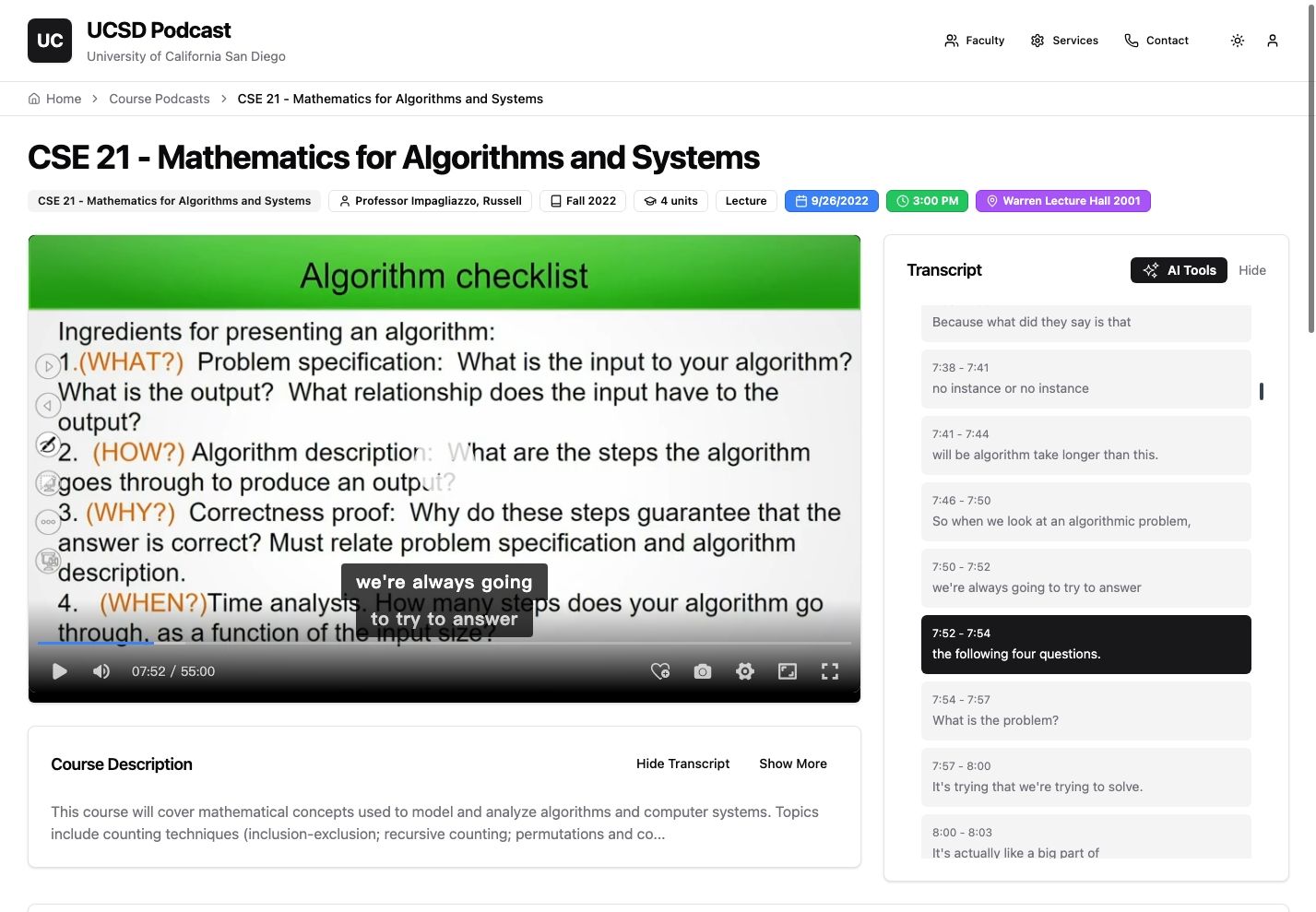 Enhanced player in light mode with transcripts and course info