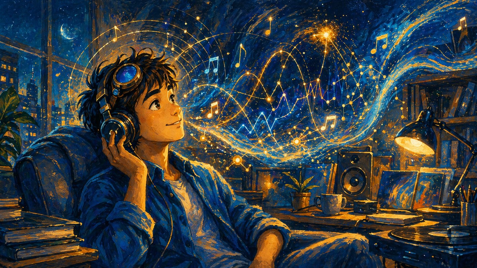 A listener surrounded by glowing musical arcs and prediction patterns that turn expectation into pleasure