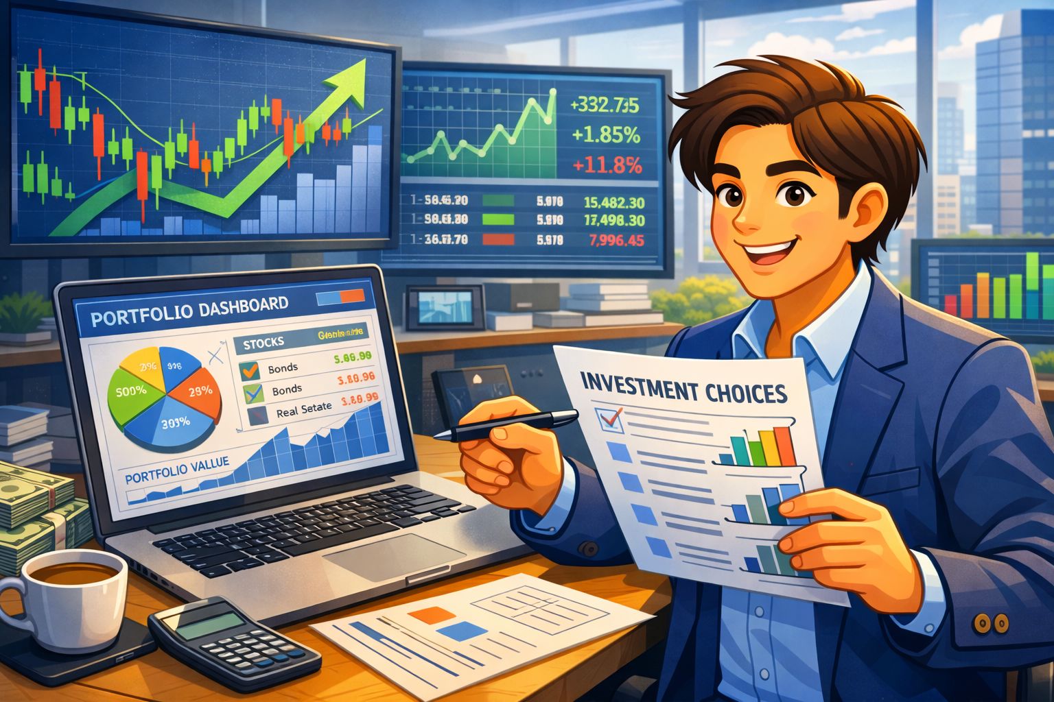 Professional reviewing stock market data on a laptop, with charts and graphs displayed, in a modern office setting, minimal style, soft neutral lighting, approachable and educational mood