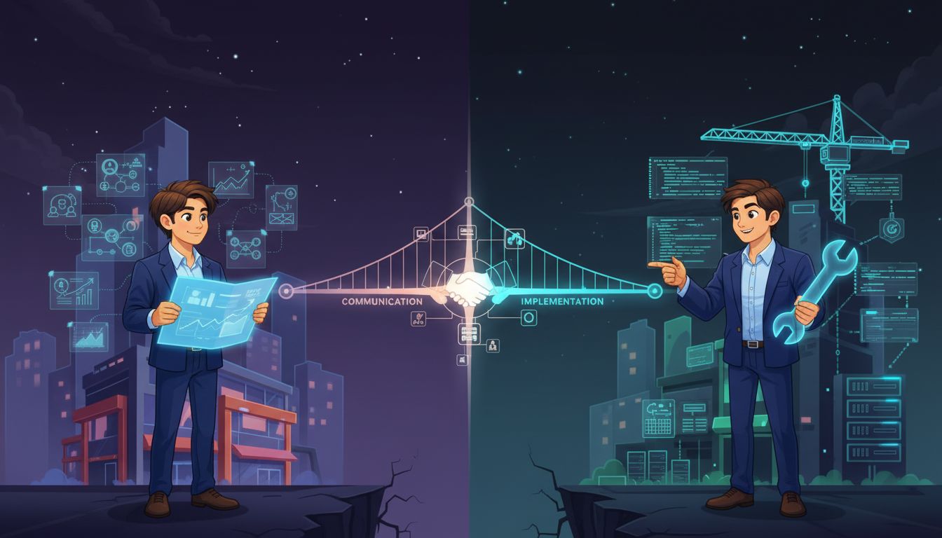 Two engineers working together at a computer, product manager pointing on the left and engineer on the right