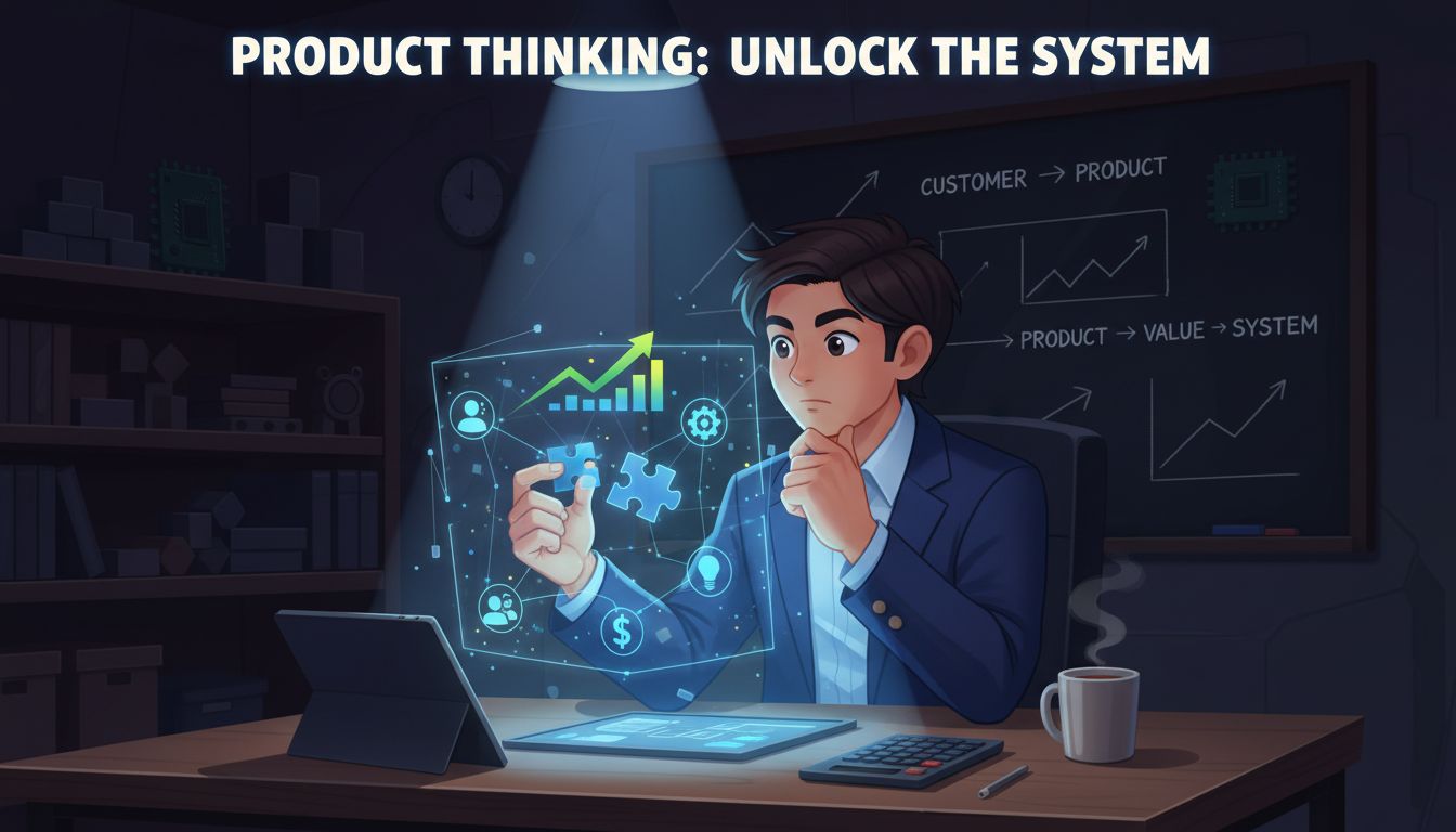 A man sitting at a desk with a laptop, surrounded in a dark room with a single light source, looking thoughtful and focused, editorial illustration about product thinking and engineering