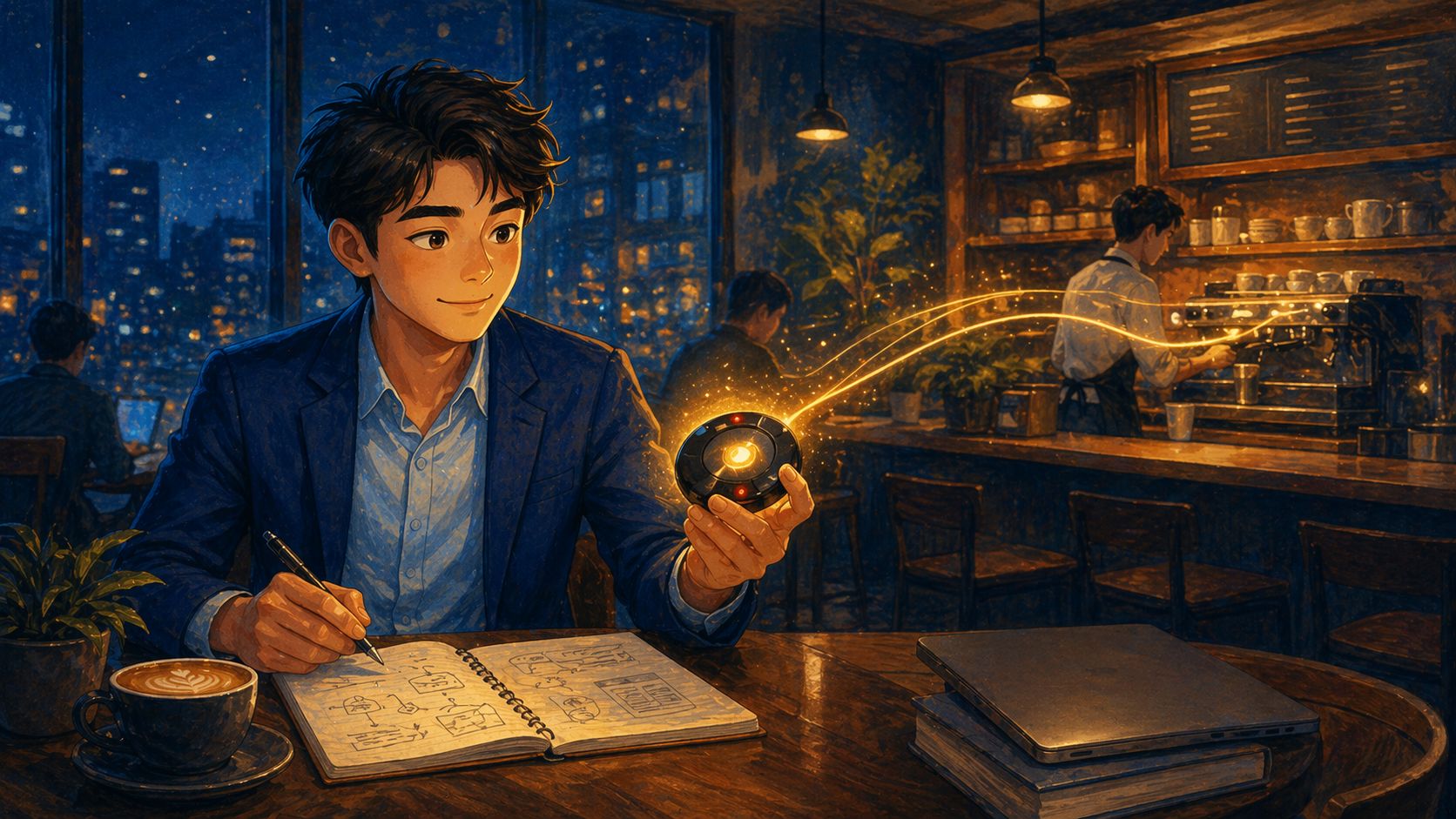 A thoughtful man in a blue blazer holding a softly glowing coffee-shop buzzer while sketching at a cafe table
