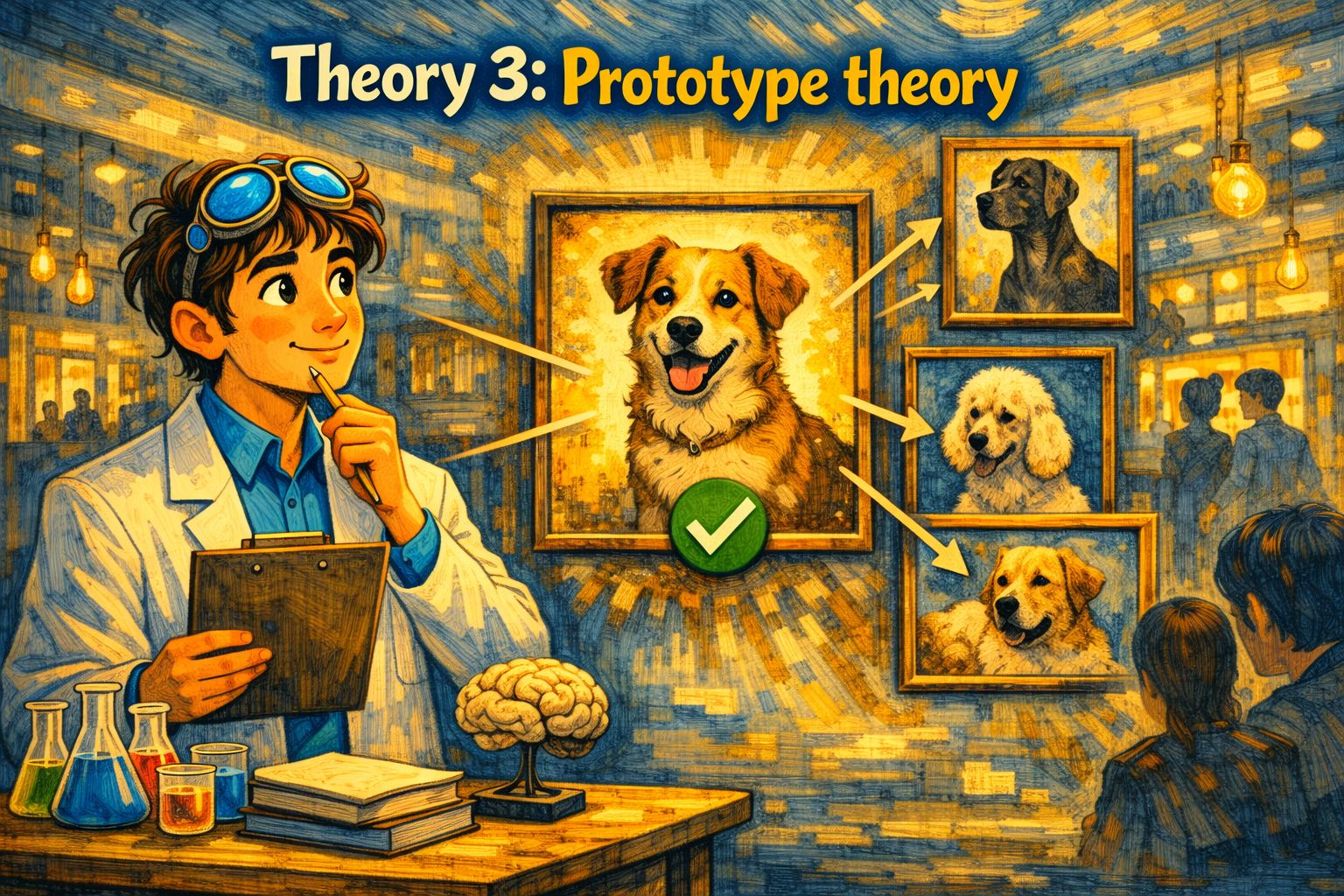 Illustration of prototype theory showing a prototypical medium dog preferred over atypical breeds like Chihuahua and Great Dane